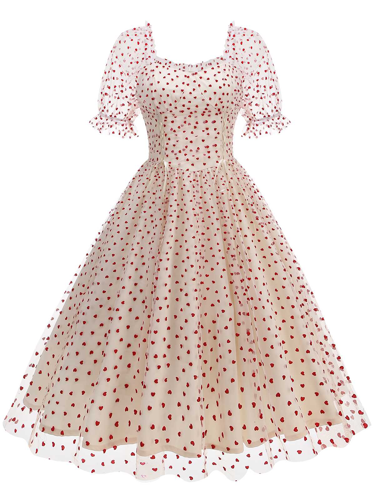 1950s Puff Sleeve Valentine Heart Mesh Dress - Image 13