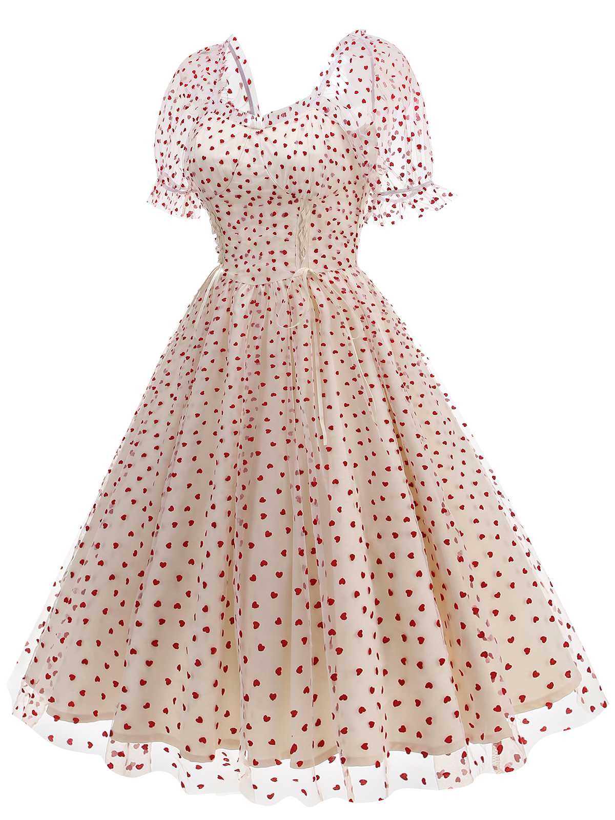 1950s Puff Sleeve Valentine Heart Mesh Dress - Image 14