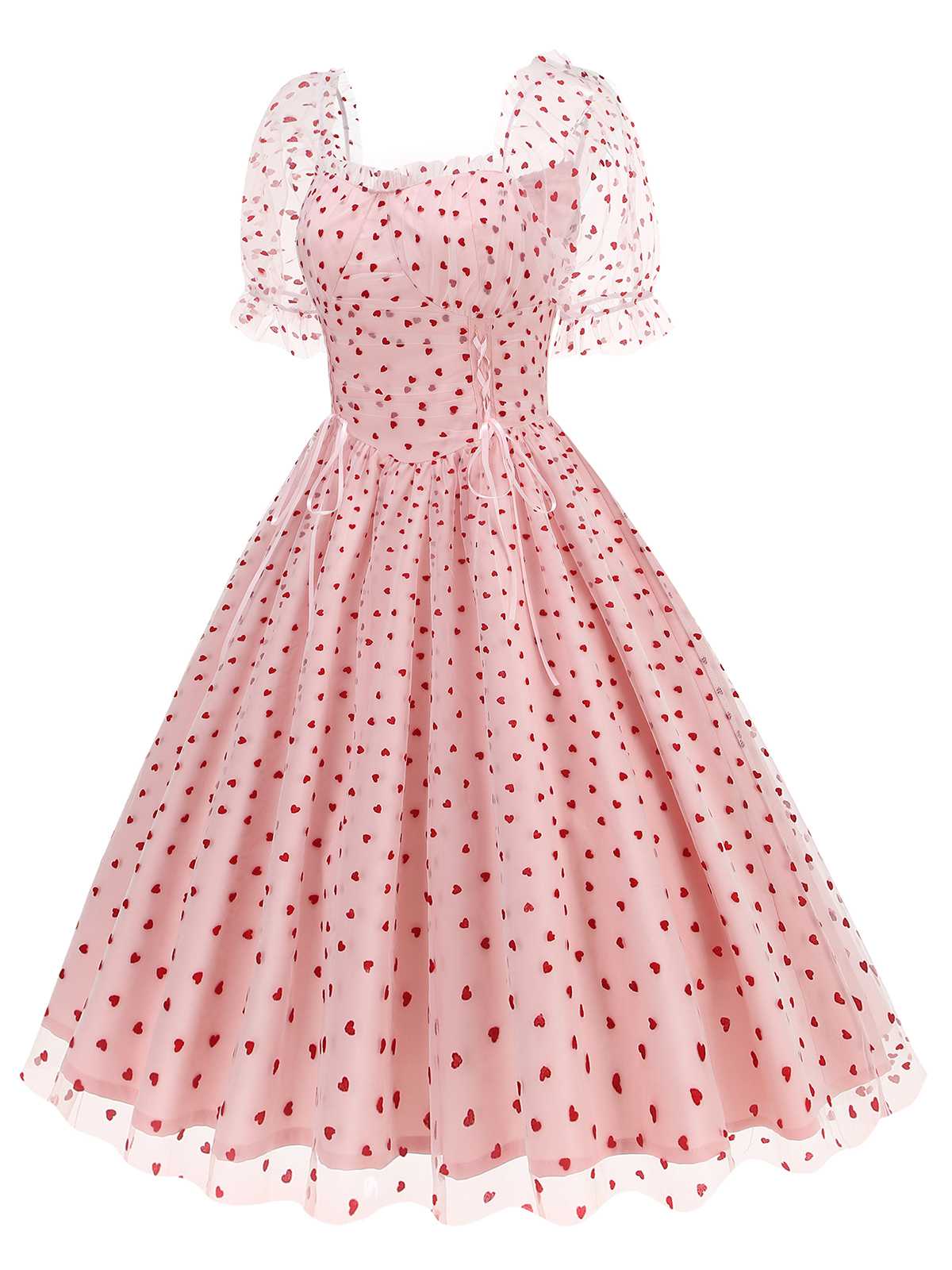 1950s Puff Sleeve Valentine Heart Mesh Dress - Image 3