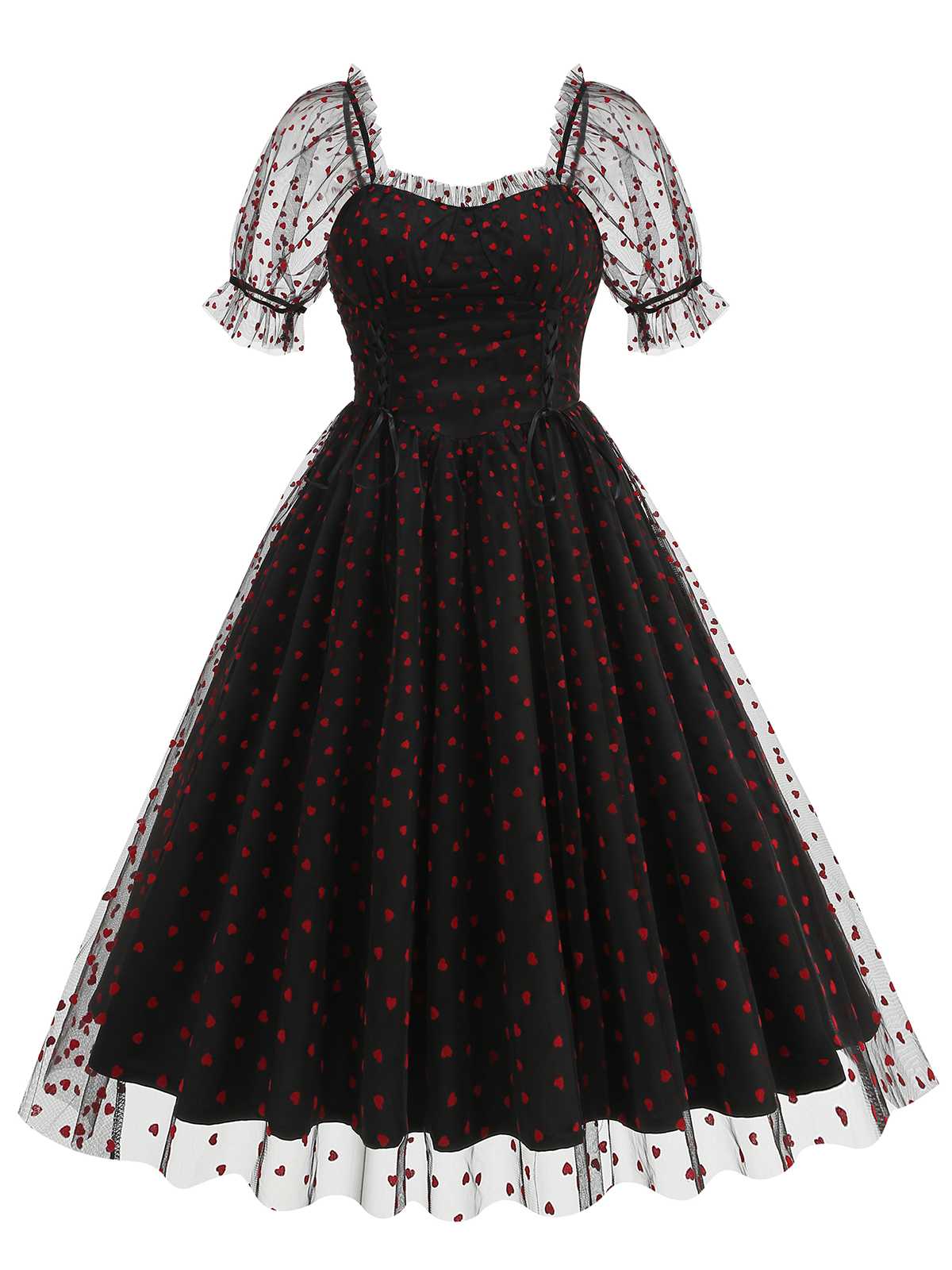 1950s Puff Sleeve Valentine Heart Mesh Dress - Image 5