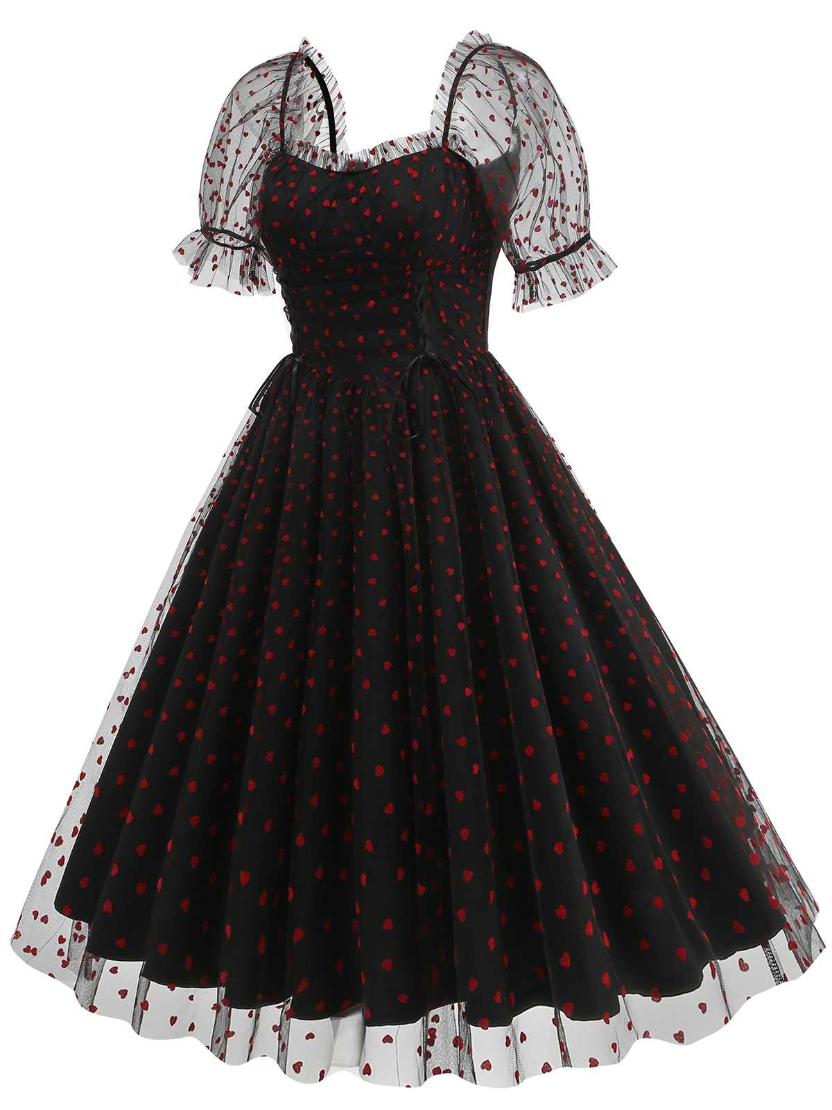 1950s Puff Sleeve Valentine Heart Mesh Dress - Image 6