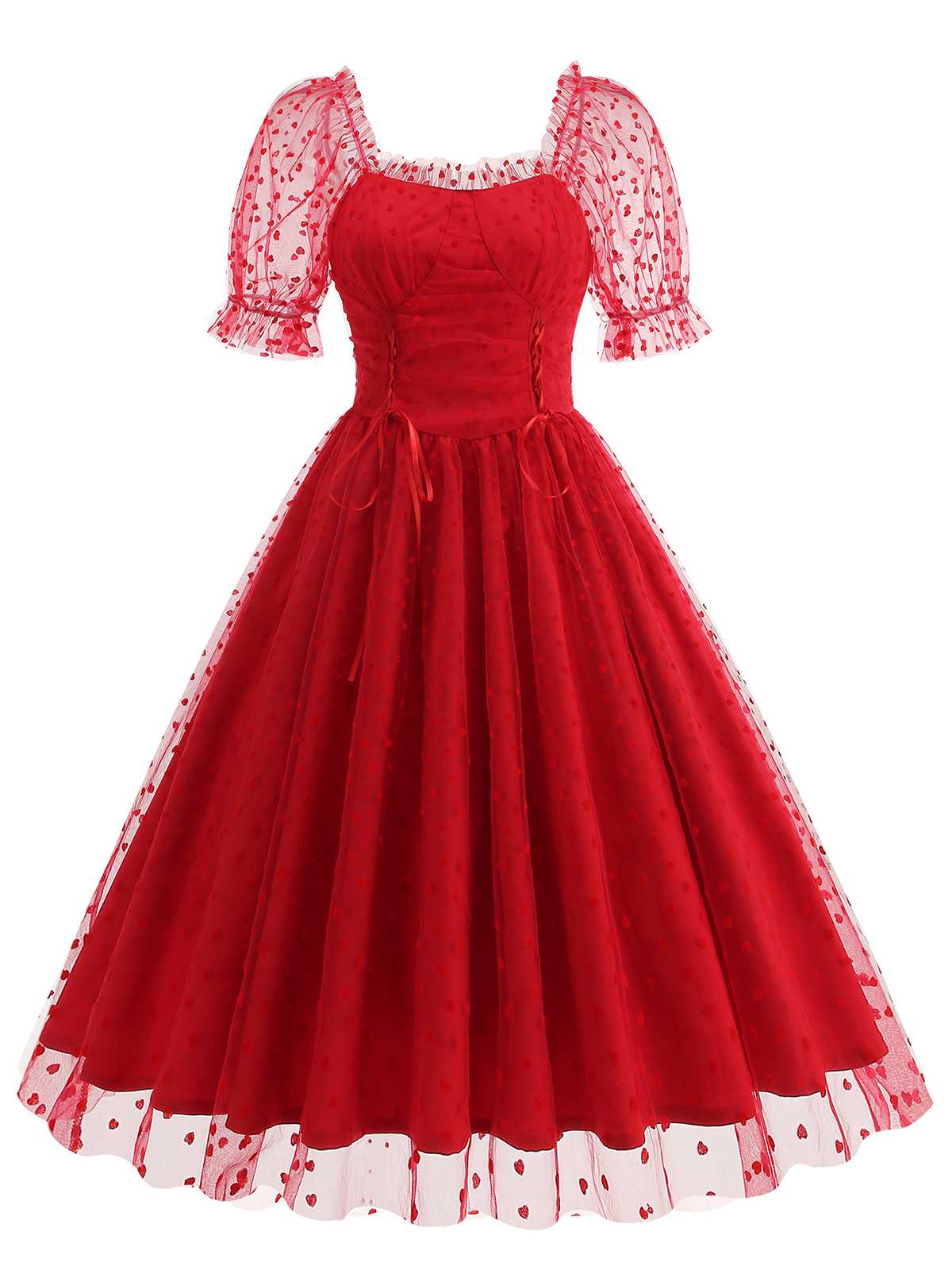 1950s Puff Sleeve Valentine Heart Mesh Dress - Image 9