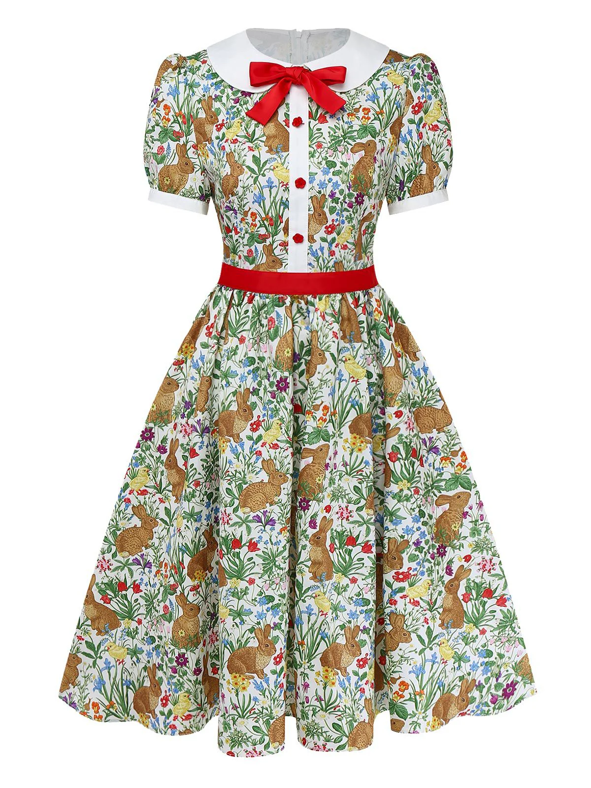 1950s Rabbit Floral Button Bow Peter Pan Collar Dress - Image 2