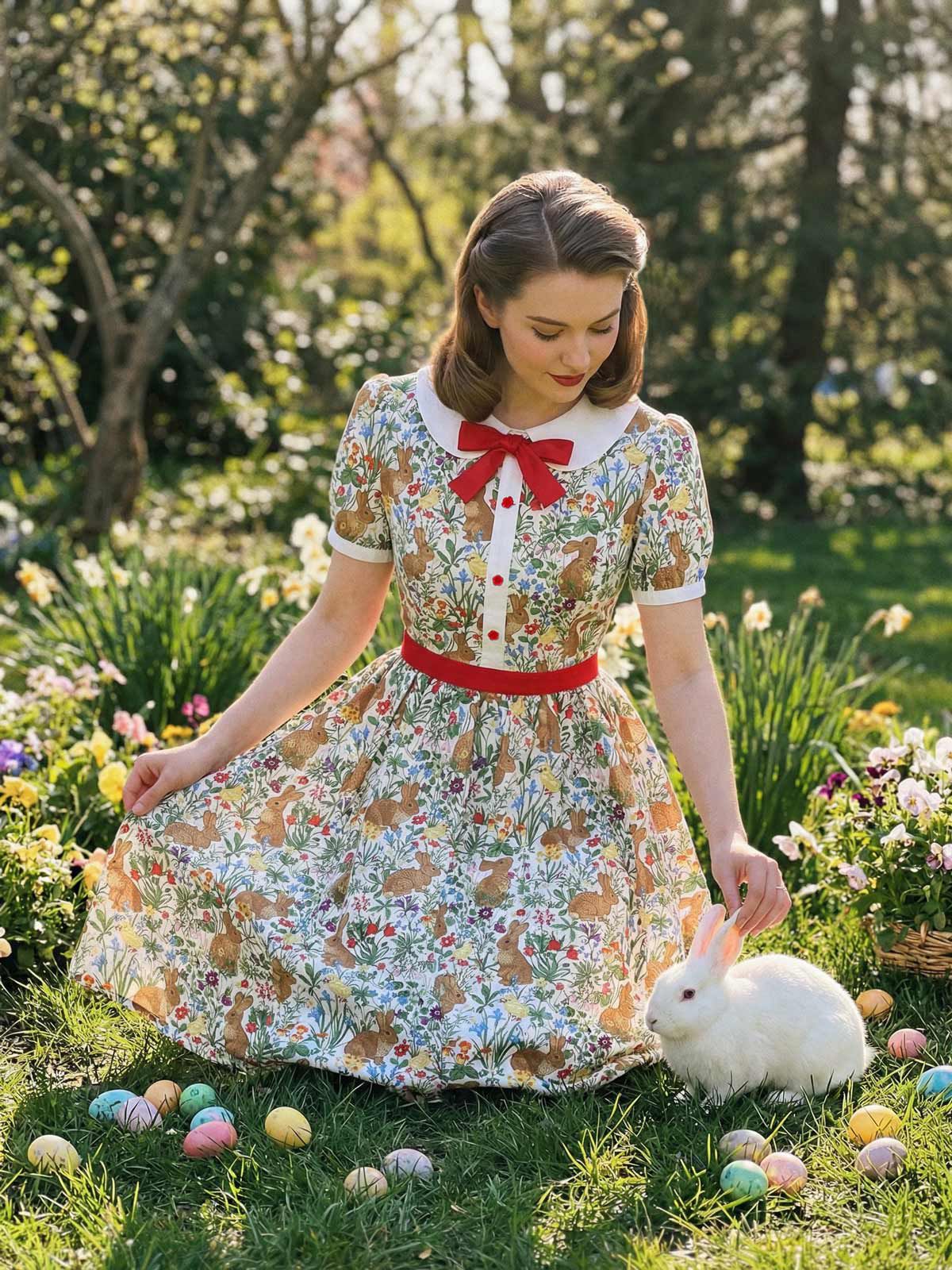 1950s Rabbit Floral Button Bow Peter Pan Collar Dress - Image 3