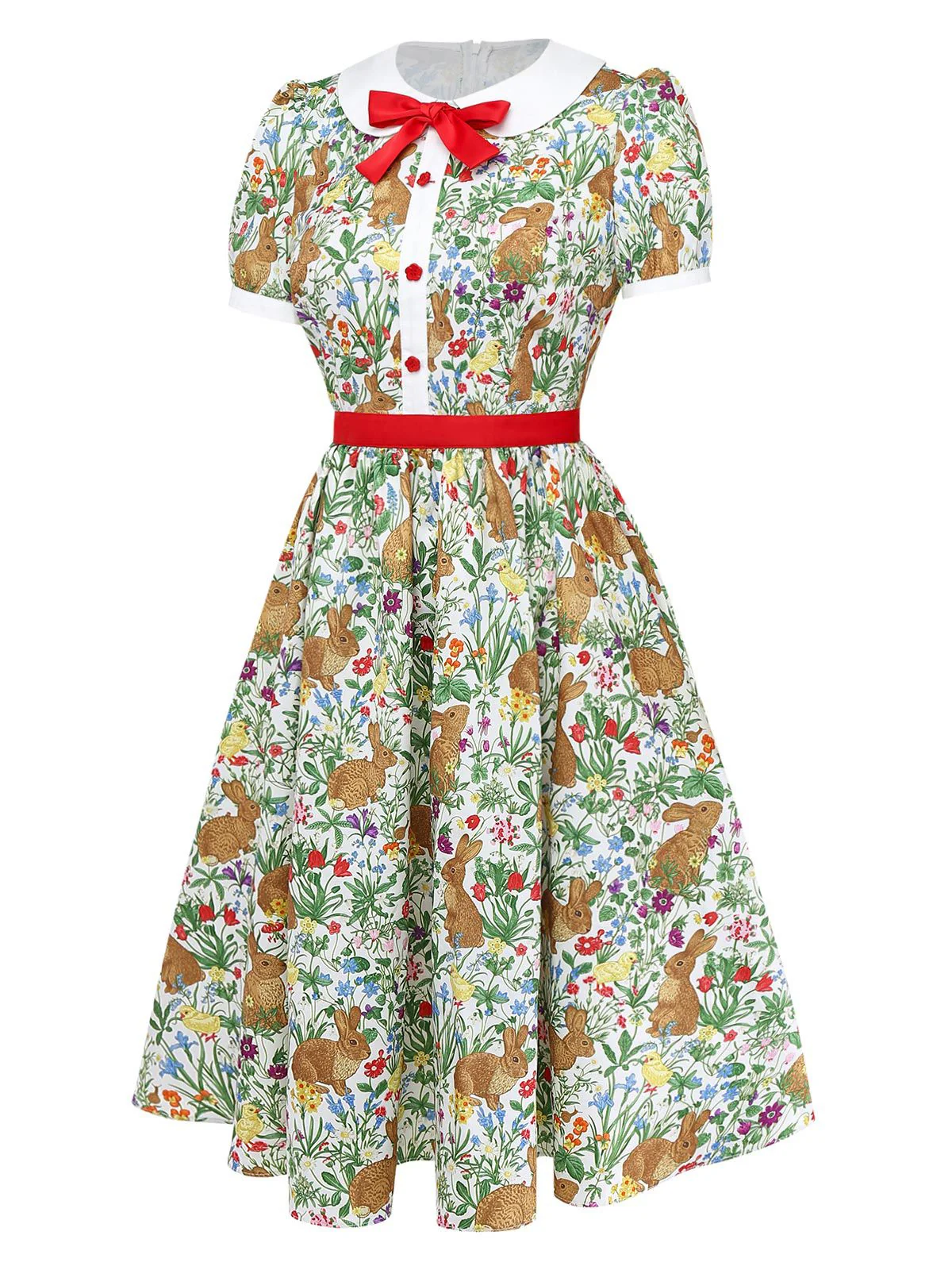 1950s Rabbit Floral Button Bow Peter Pan Collar Dress - Image 4