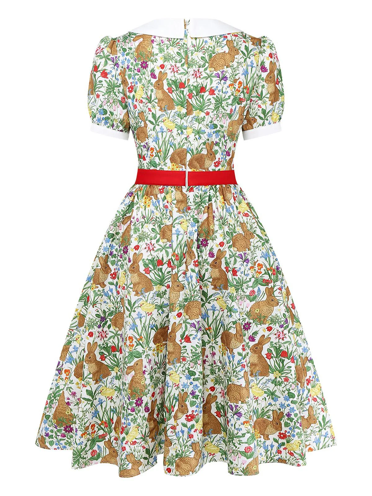 1950s Rabbit Floral Button Bow Peter Pan Collar Dress - Image 5