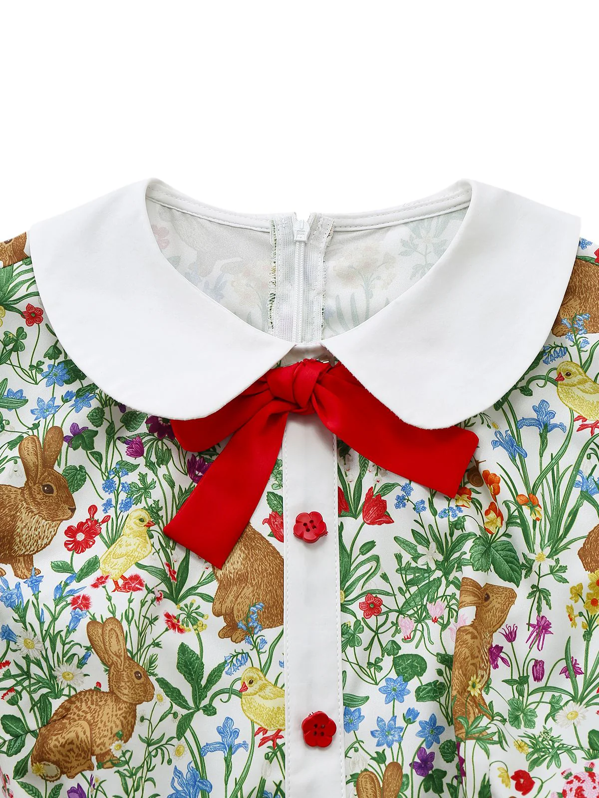 1950s Rabbit Floral Button Bow Peter Pan Collar Dress - Image 6
