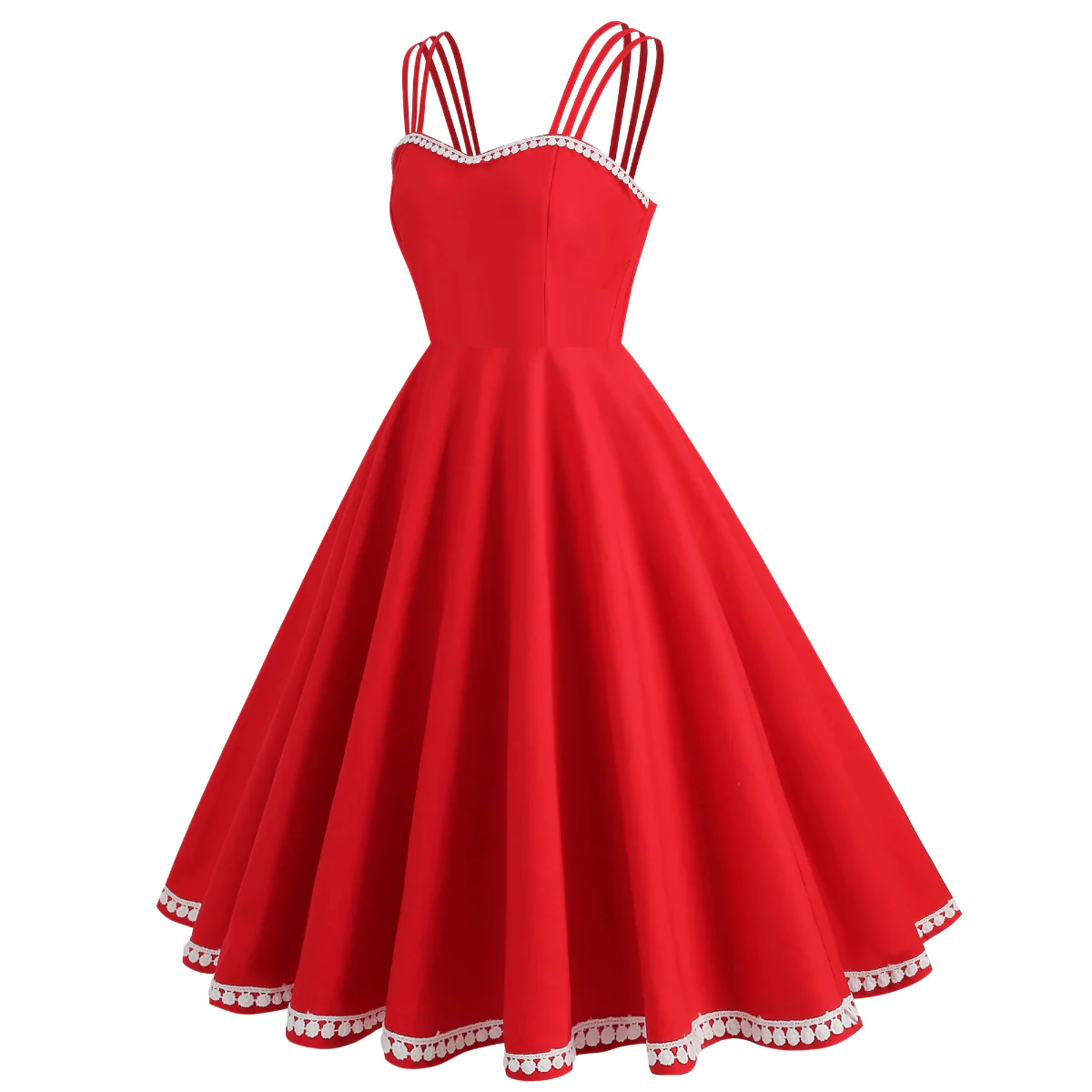 Red 1950s Lace Strap Swing Dress - Image 2