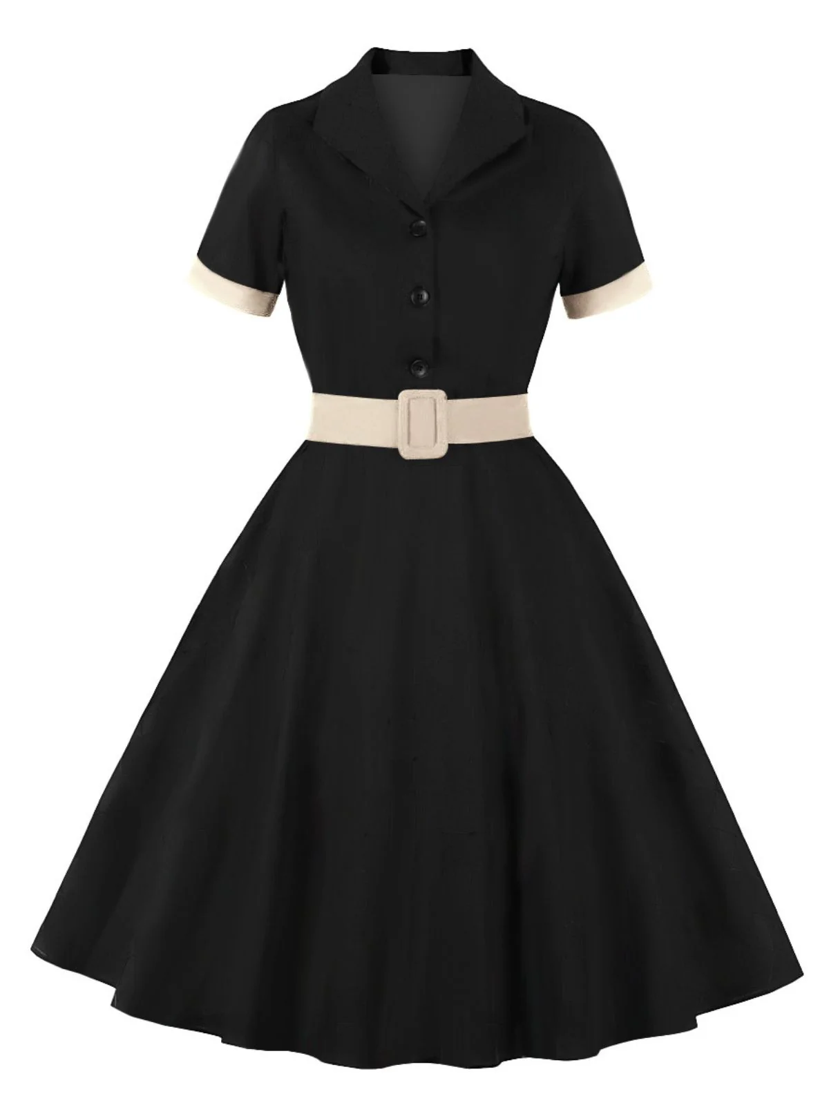 1950s Retro Contrast Short-Sleeved Lapel Dress - Image 5
