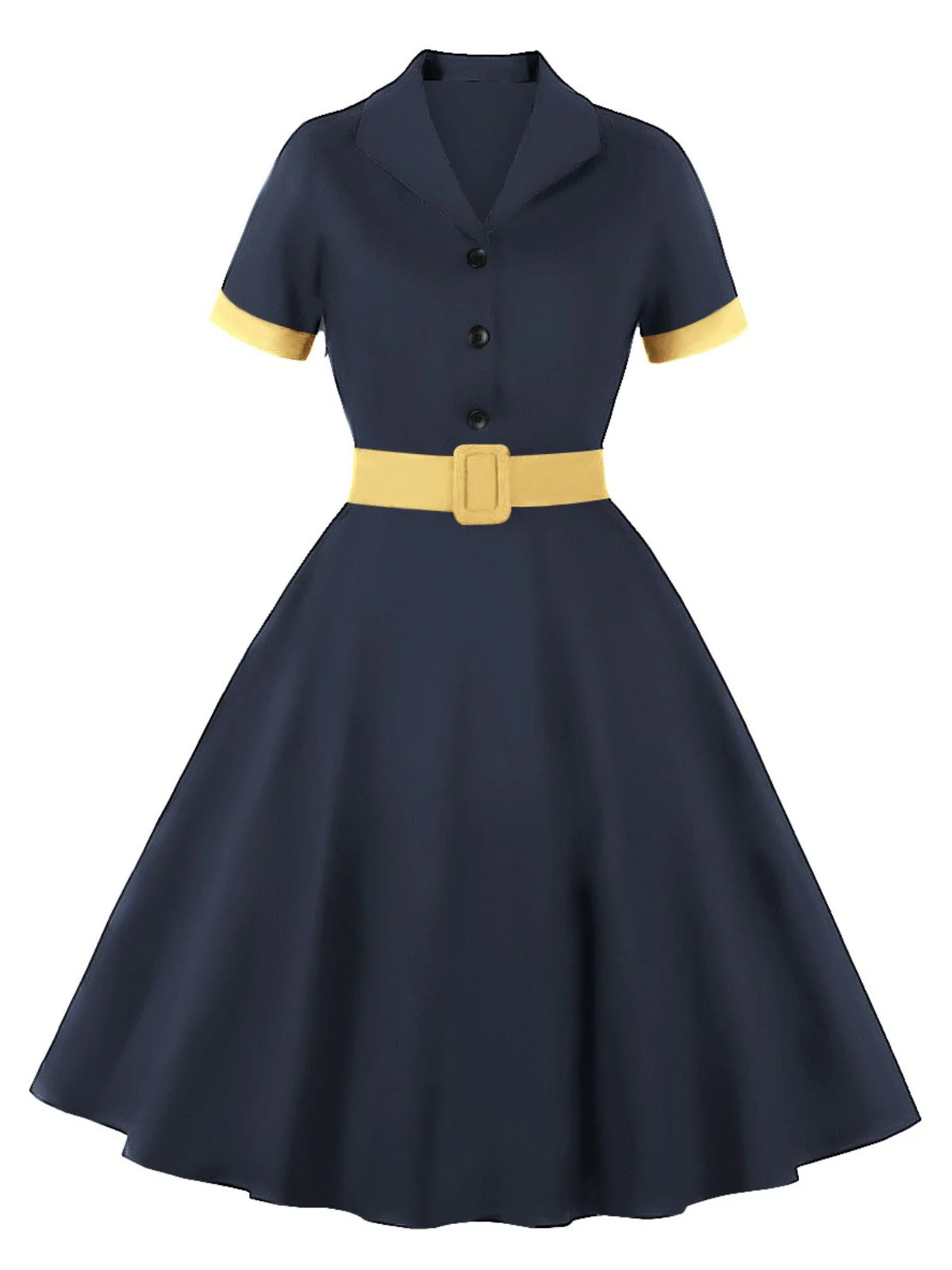 1950s Retro Contrast Short-Sleeved Lapel Dress - Image 7