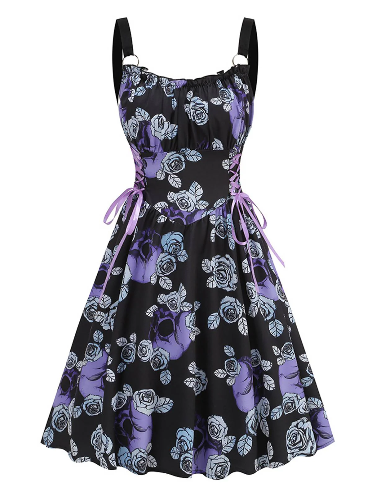 1950s Roses Straps Lace-Up Pleated Dress - Image 2