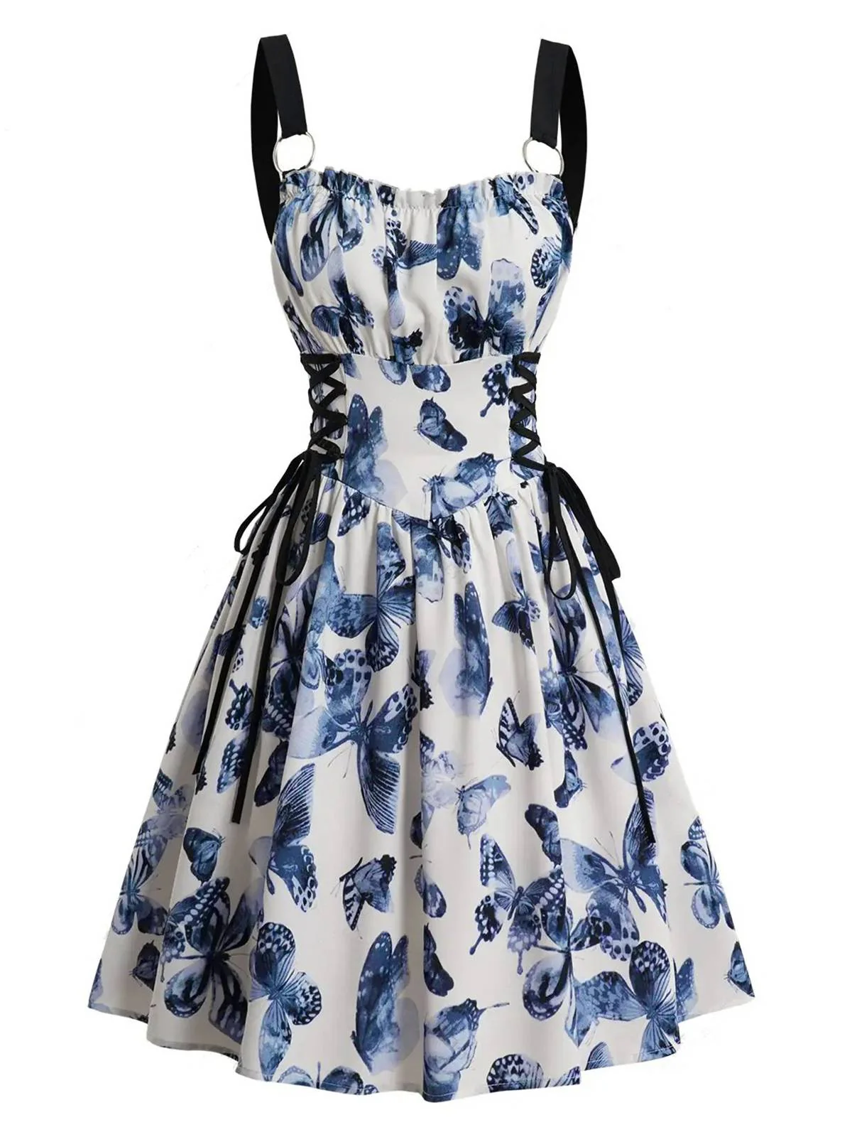 1950s Roses Straps Lace-Up Pleated Dress - Image 3