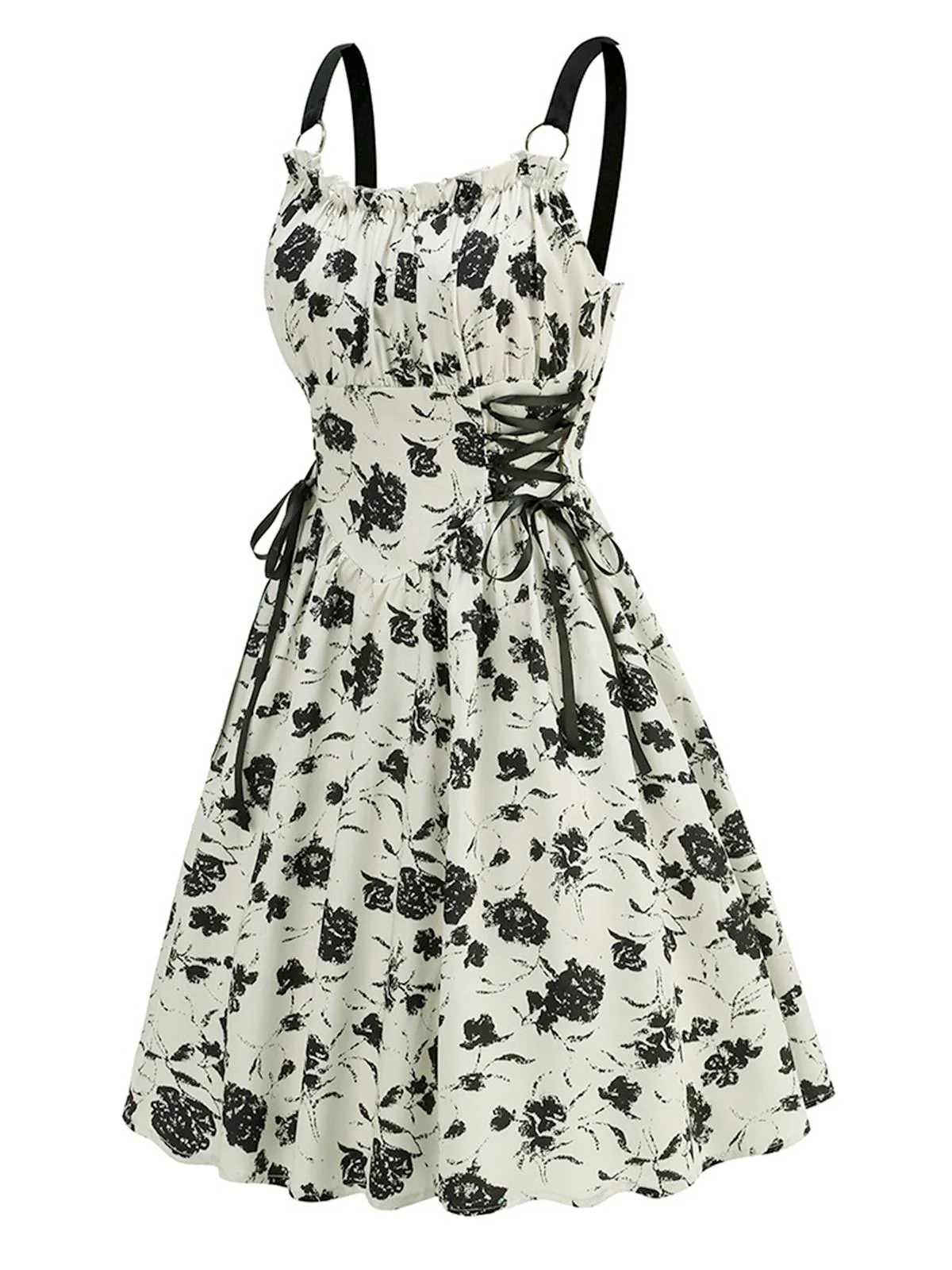1950s Roses Straps Lace-Up Pleated Dress - Image 4