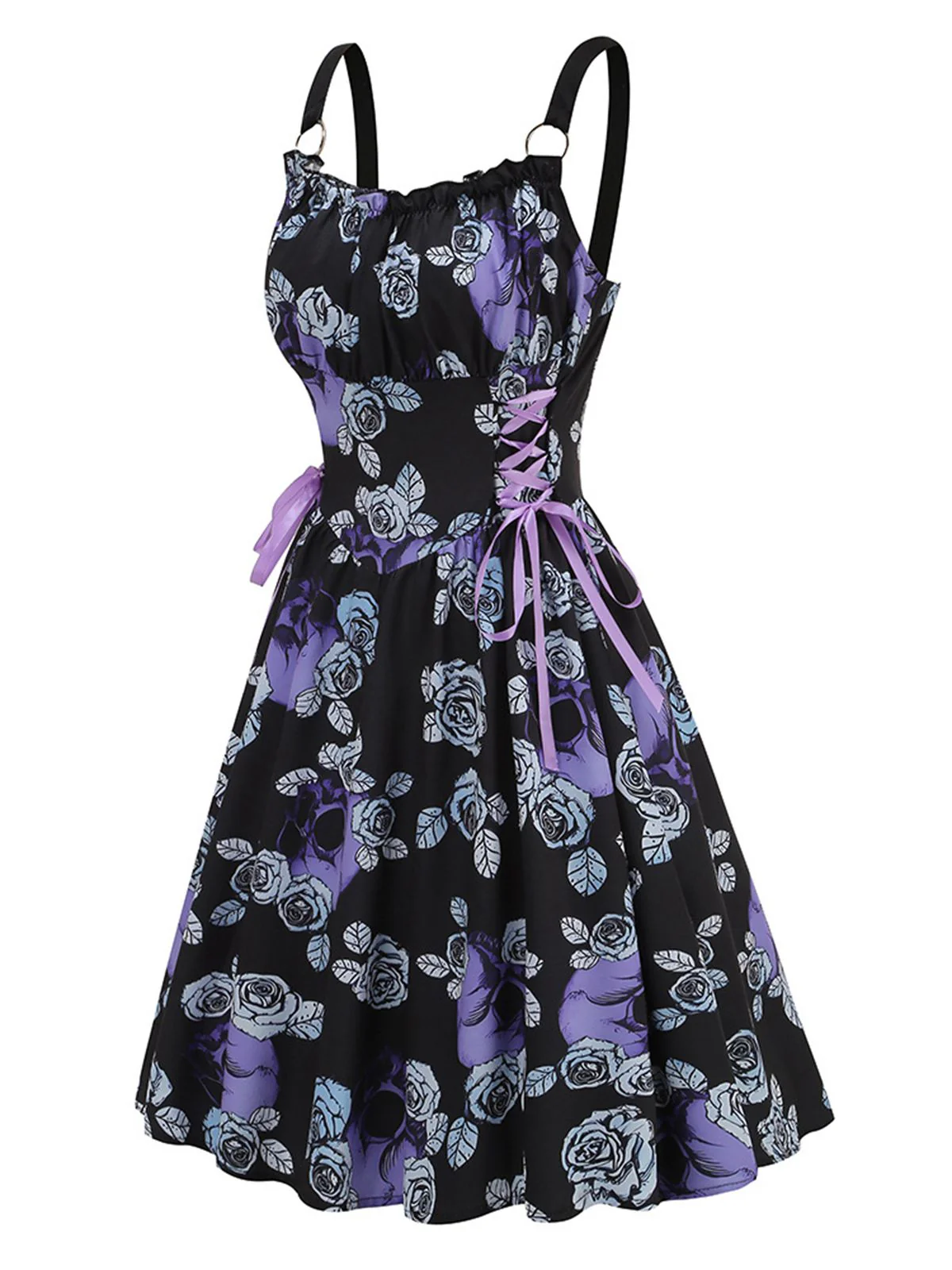 1950s Roses Straps Lace-Up Pleated Dress - Image 7