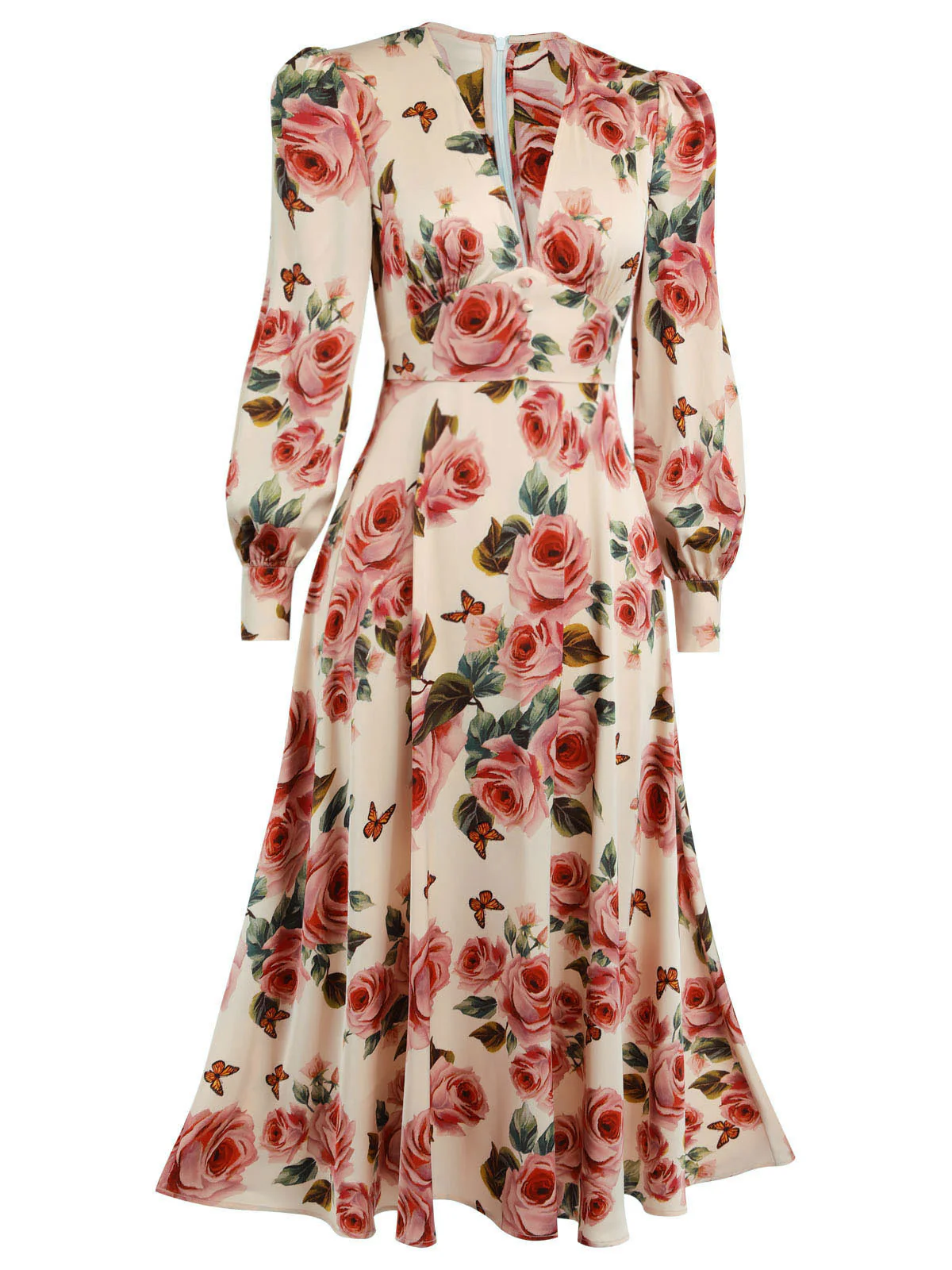 1940s Rose V-Neck Long Sleeves Dress - Image 2