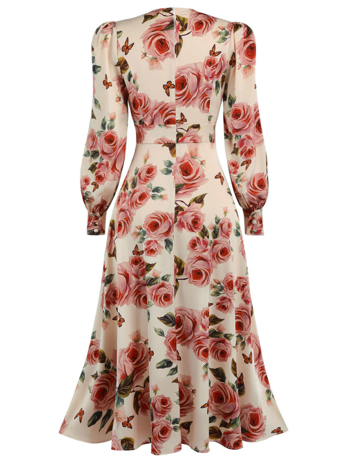 1940s Rose V-Neck Long Sleeves Dress - Image 3