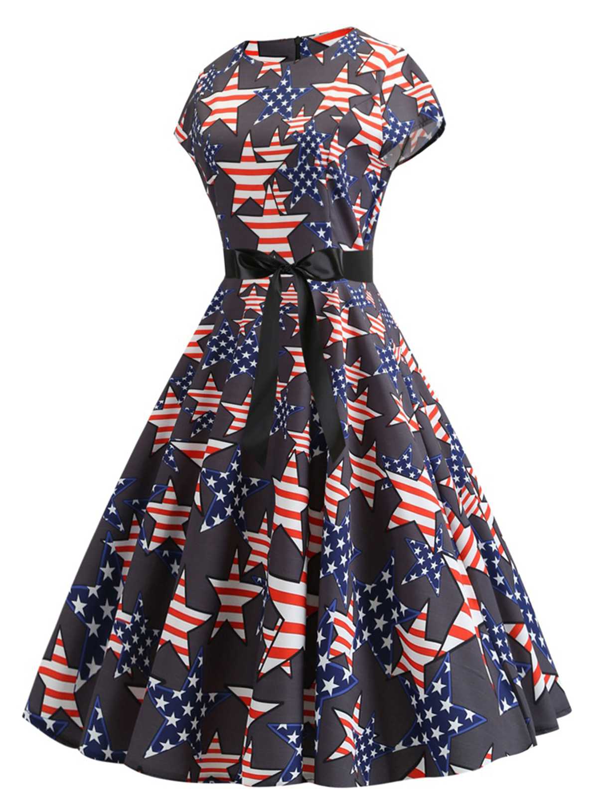 1950s Round Neck Stars Belted Dress - Image 2