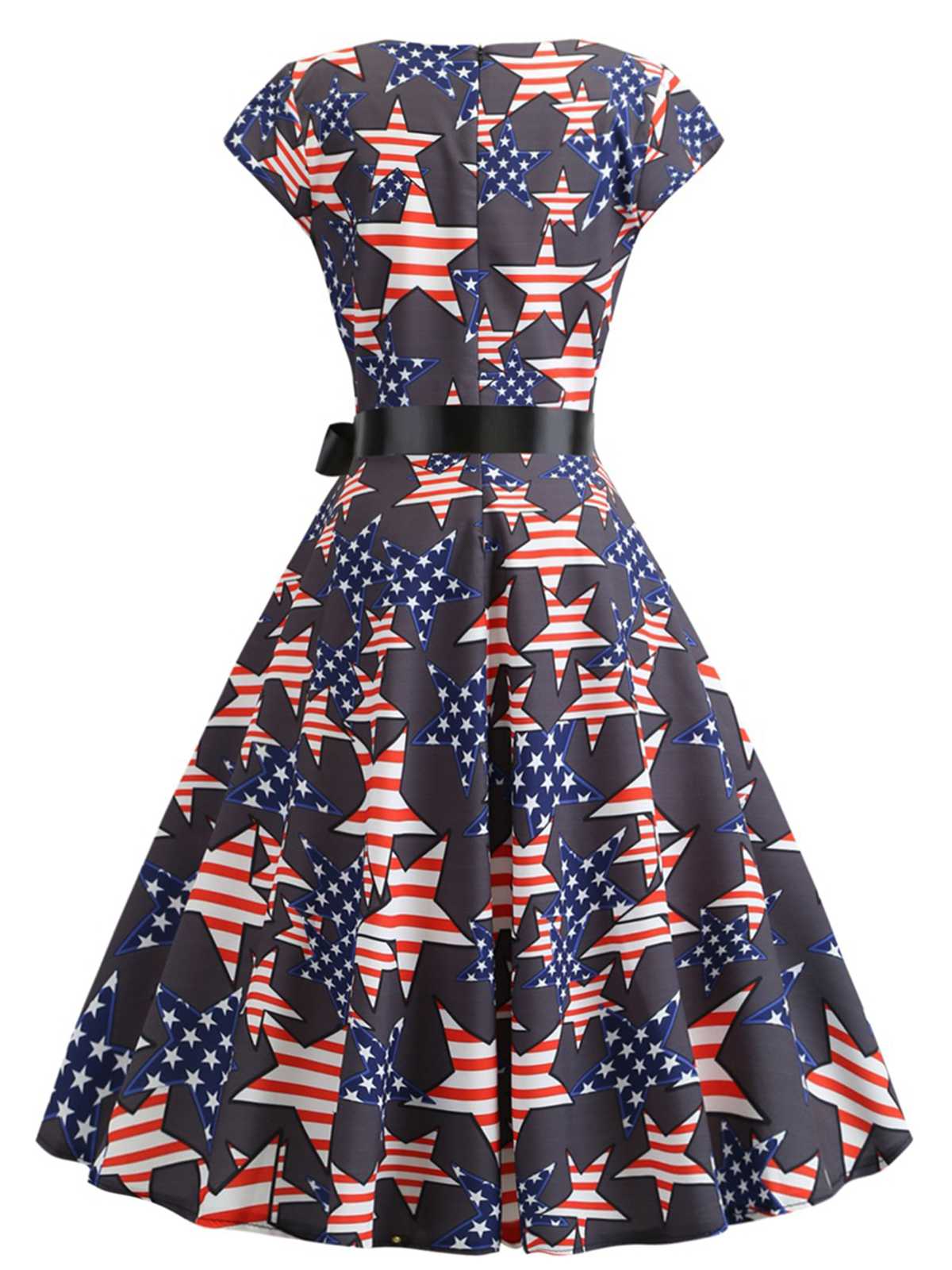 1950s Round Neck Stars Belted Dress - Image 3