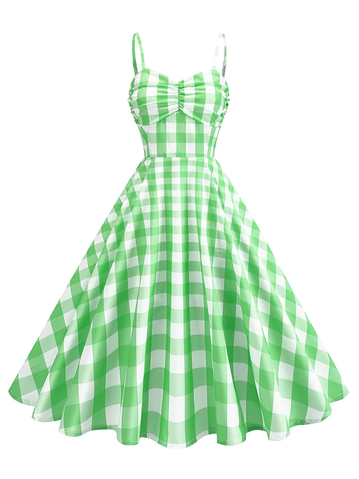 1950s Ruched Spaghetti Straps Gingham Plaid Dress - Image 3