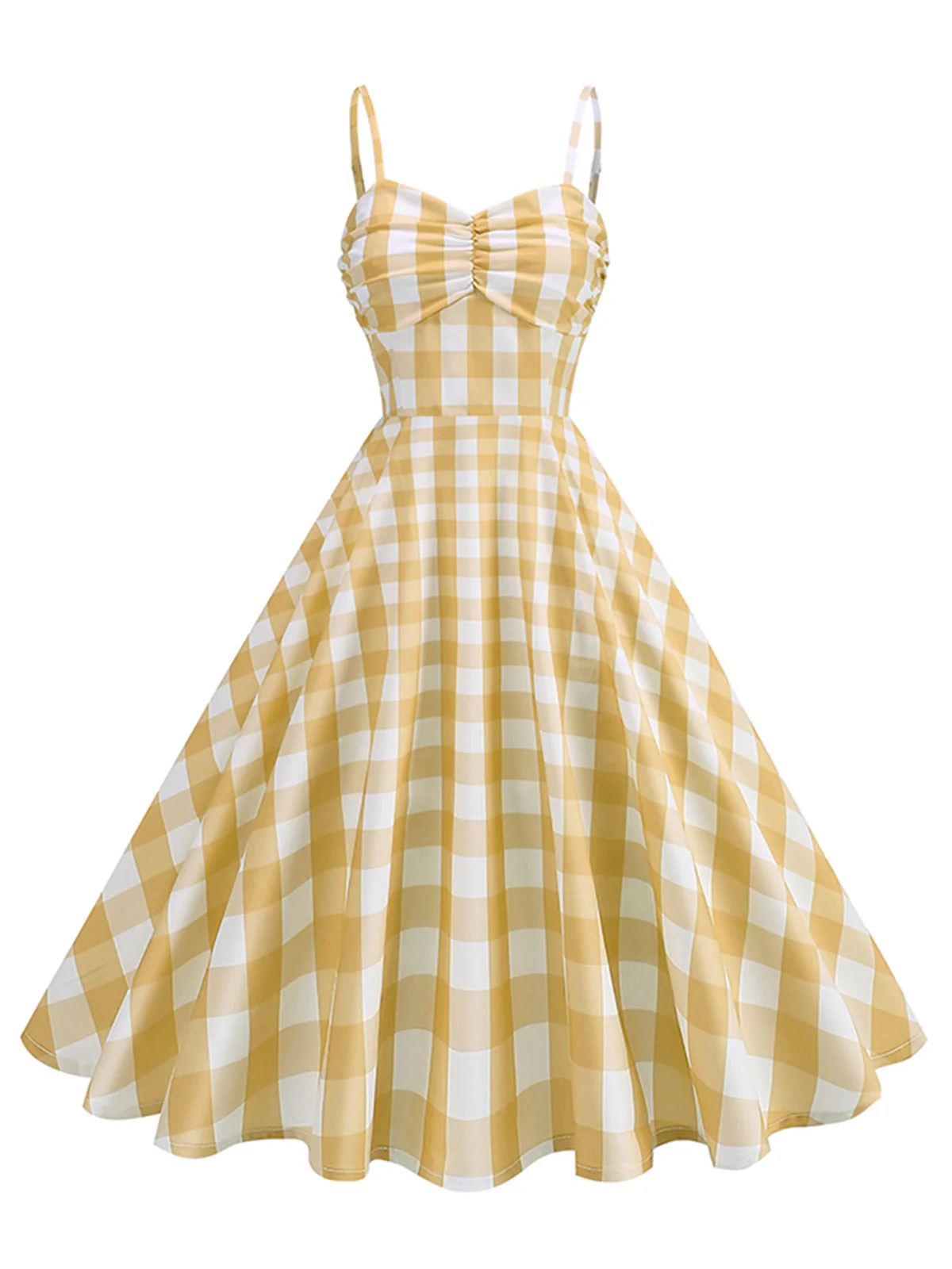 1950s Ruched Spaghetti Straps Gingham Plaid Dress - Image 5