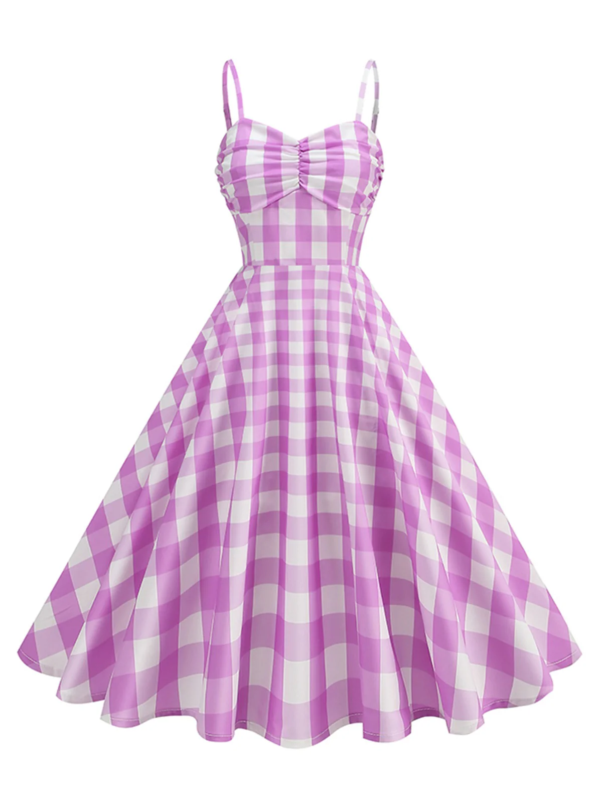 1950s Ruched Spaghetti Straps Gingham Plaid Dress - Image 7