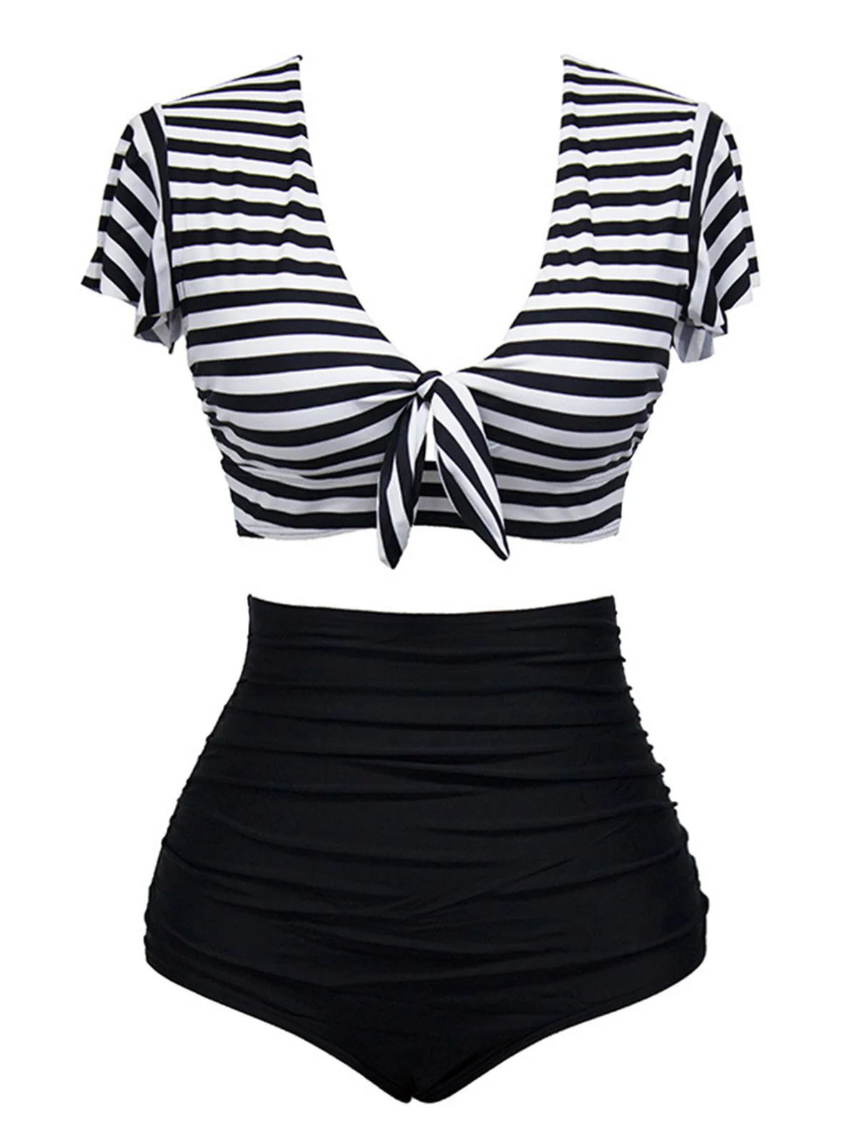1950s Ruffle Sleeve Lace-Up Patchwork Swimsuit - Image 5