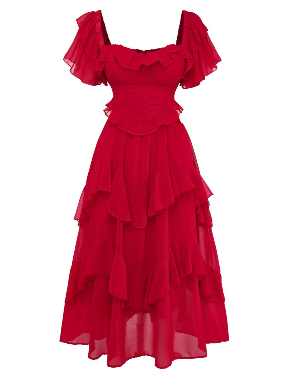 1950s Ruffle Tiered Off-Shoulder Maxi Dress - Image 2