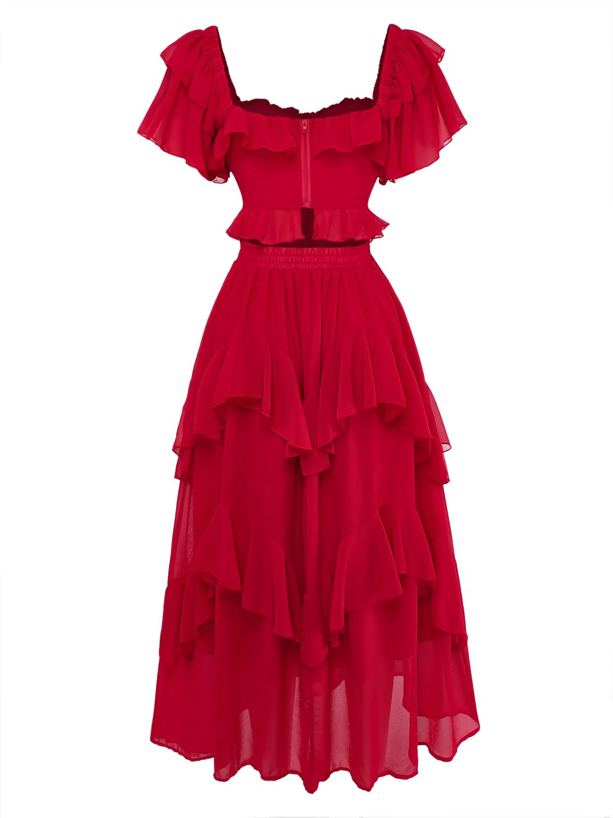 1950s Ruffle Tiered Off-Shoulder Maxi Dress - Image 3