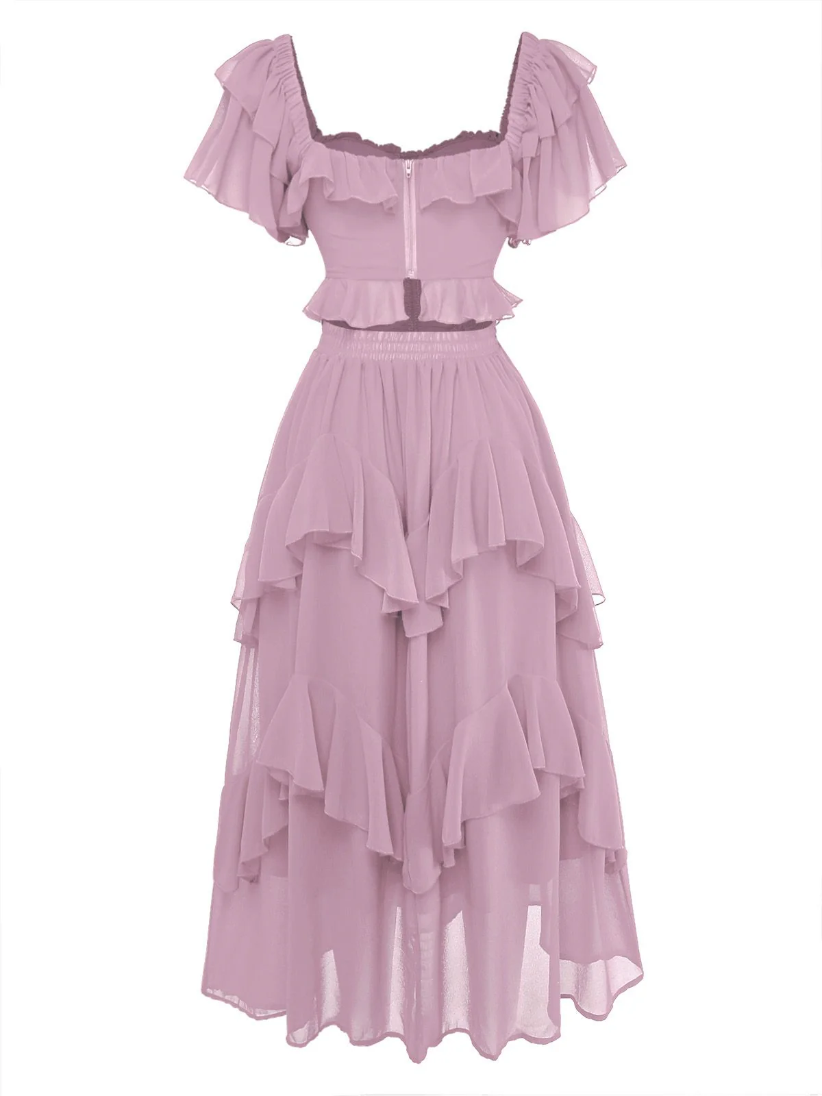 1950s Ruffle Tiered Off-Shoulder Maxi Dress - Image 9
