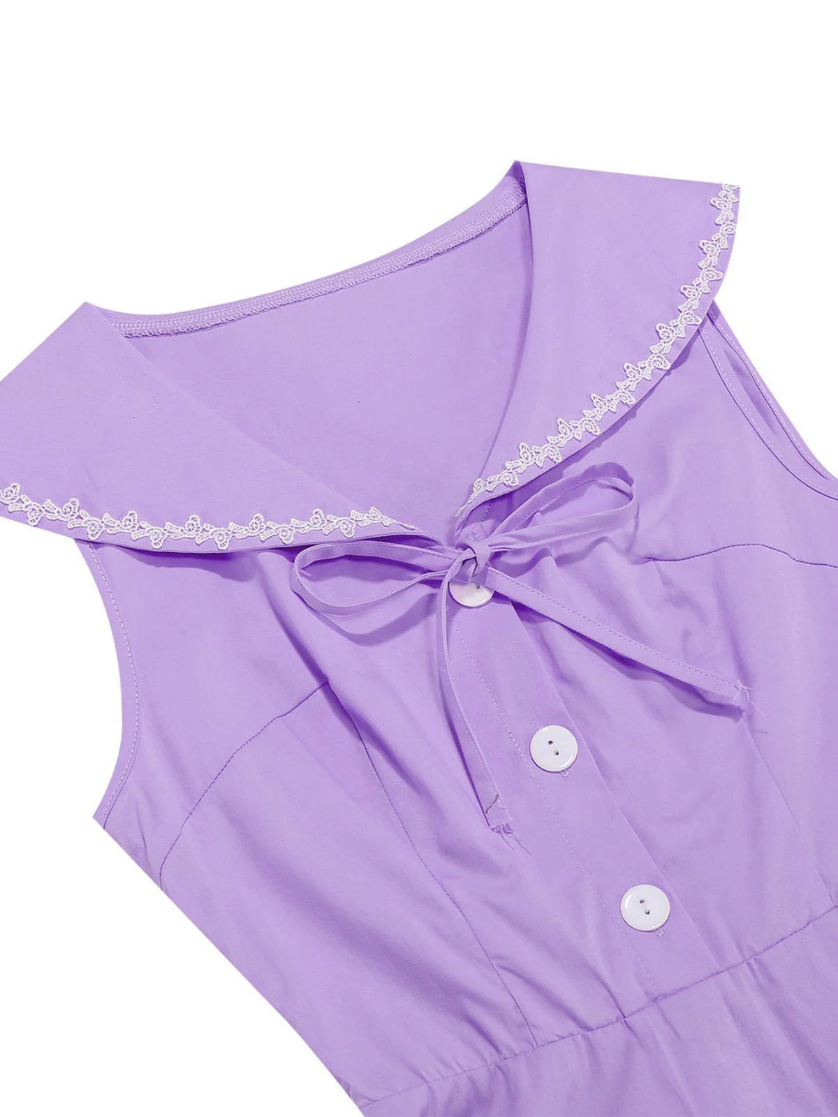 1950s Sailor Collar Bow-Tie Solid Sleeveless Dress - Image 11