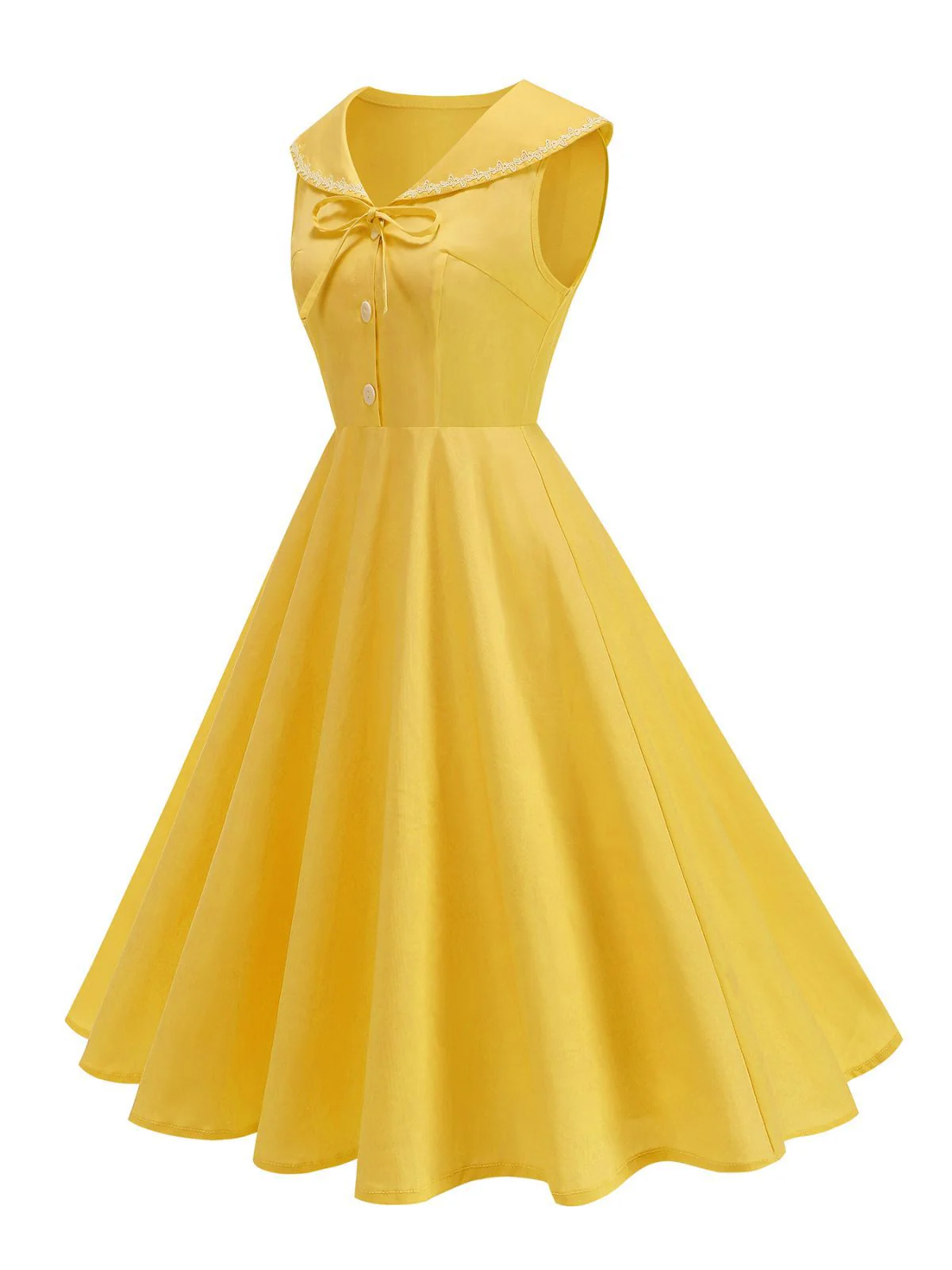 1950s Sailor Collar Bow-Tie Solid Sleeveless Dress - Image 15
