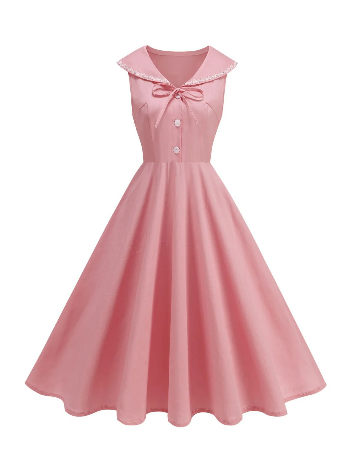1950s Sailor Collar Bow-Tie Solid Sleeveless Dress - Image 2