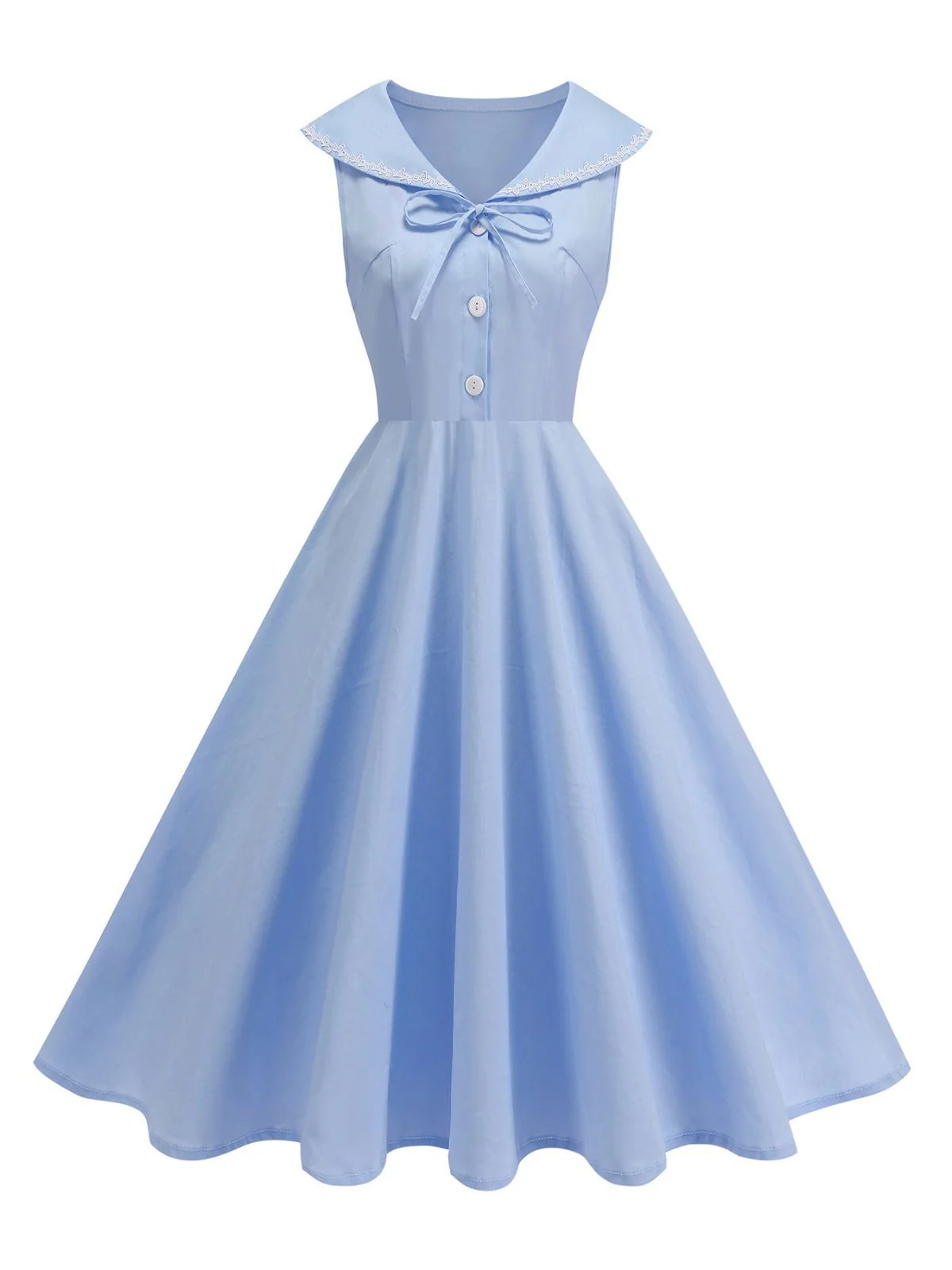 1950s Sailor Collar Bow-Tie Solid Sleeveless Dress - Image 20