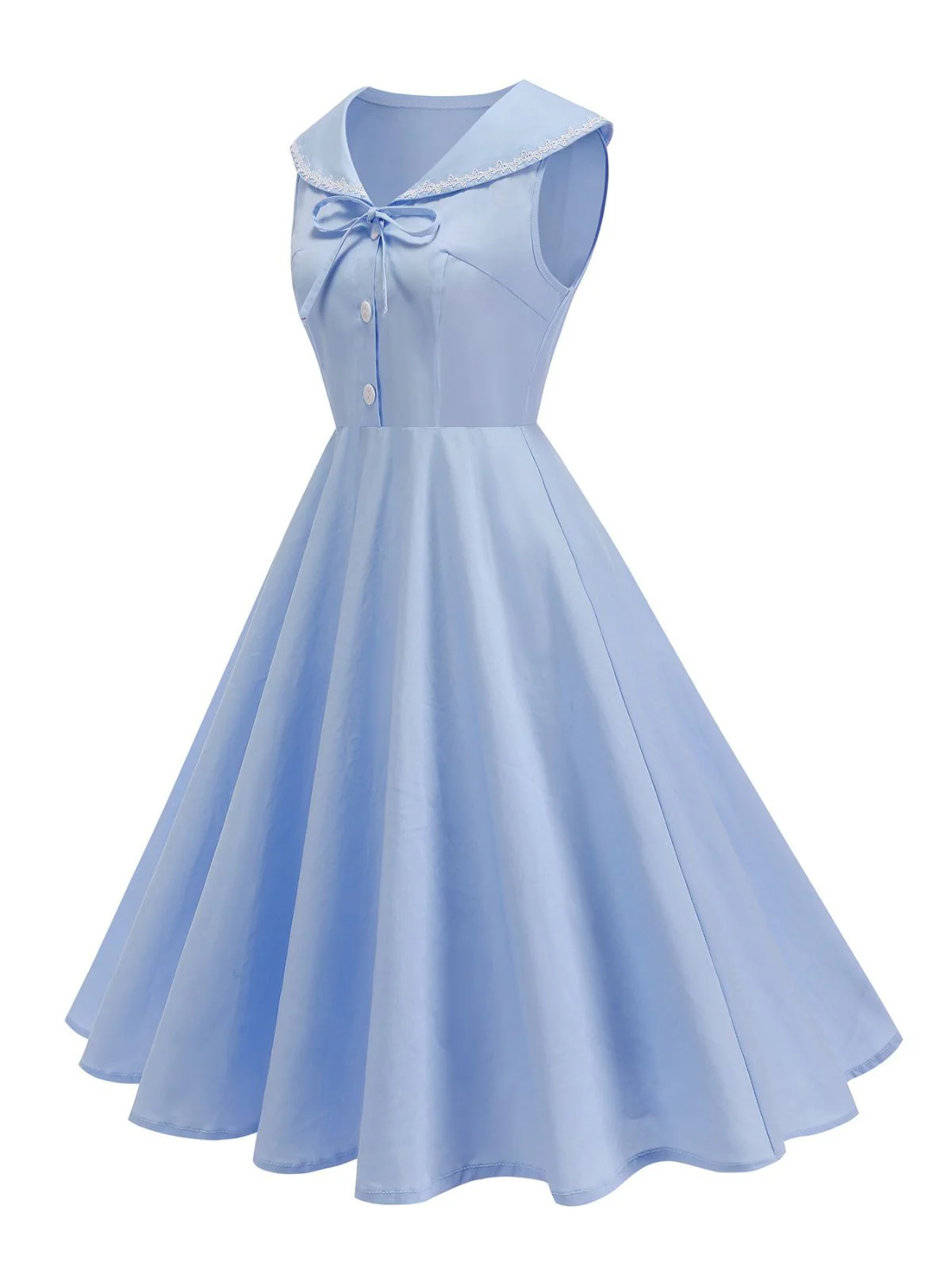 1950s Sailor Collar Bow-Tie Solid Sleeveless Dress - Image 21