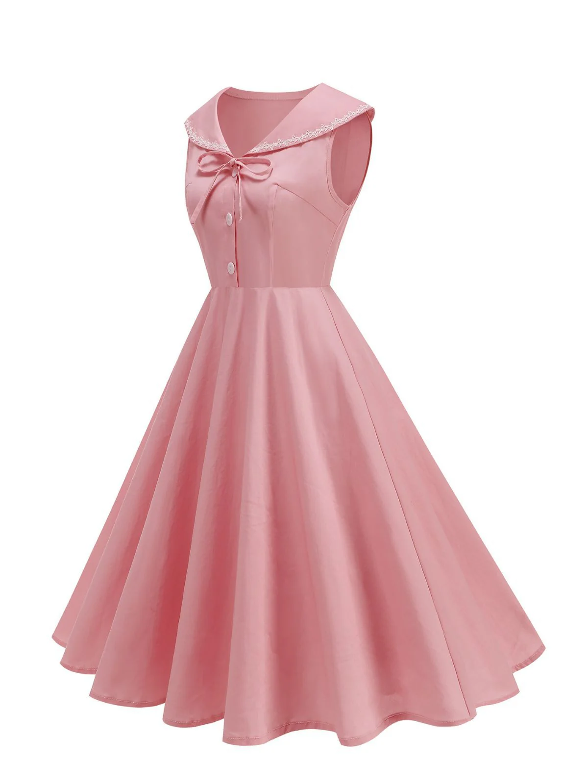 1950s Sailor Collar Bow-Tie Solid Sleeveless Dress - Image 3