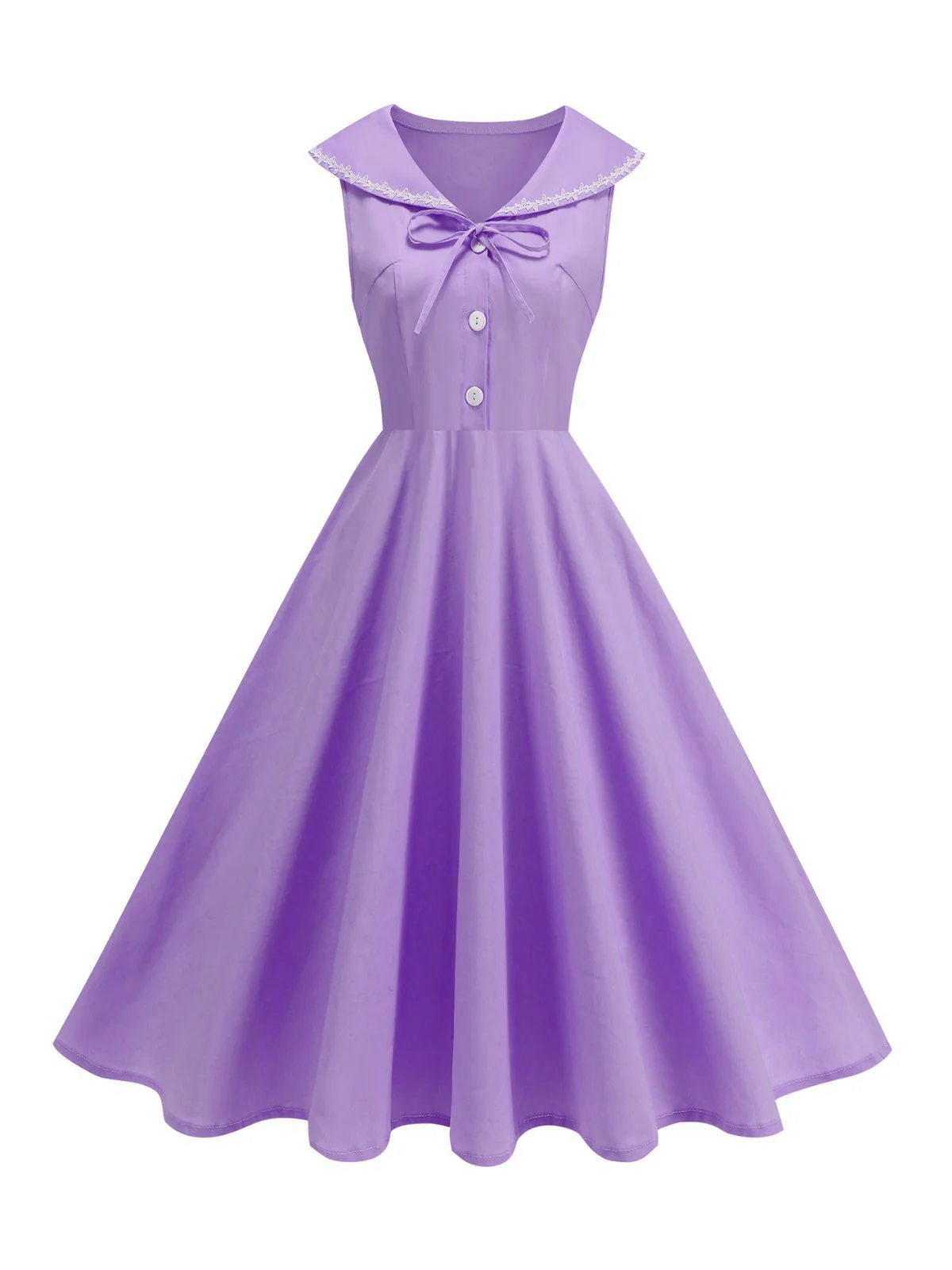 1950s Sailor Collar Bow-Tie Solid Sleeveless Dress - Image 8
