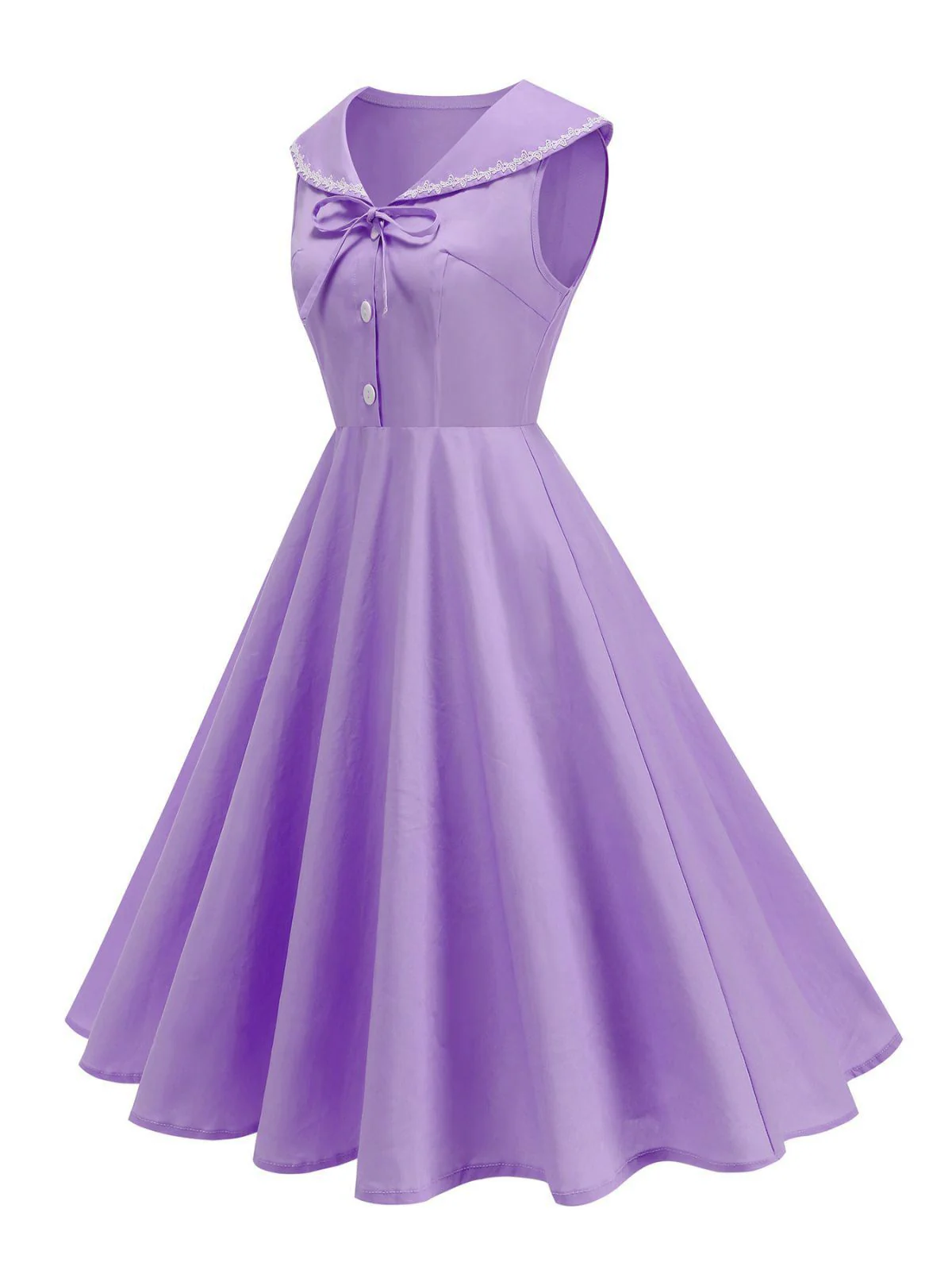 1950s Sailor Collar Bow-Tie Solid Sleeveless Dress - Image 9