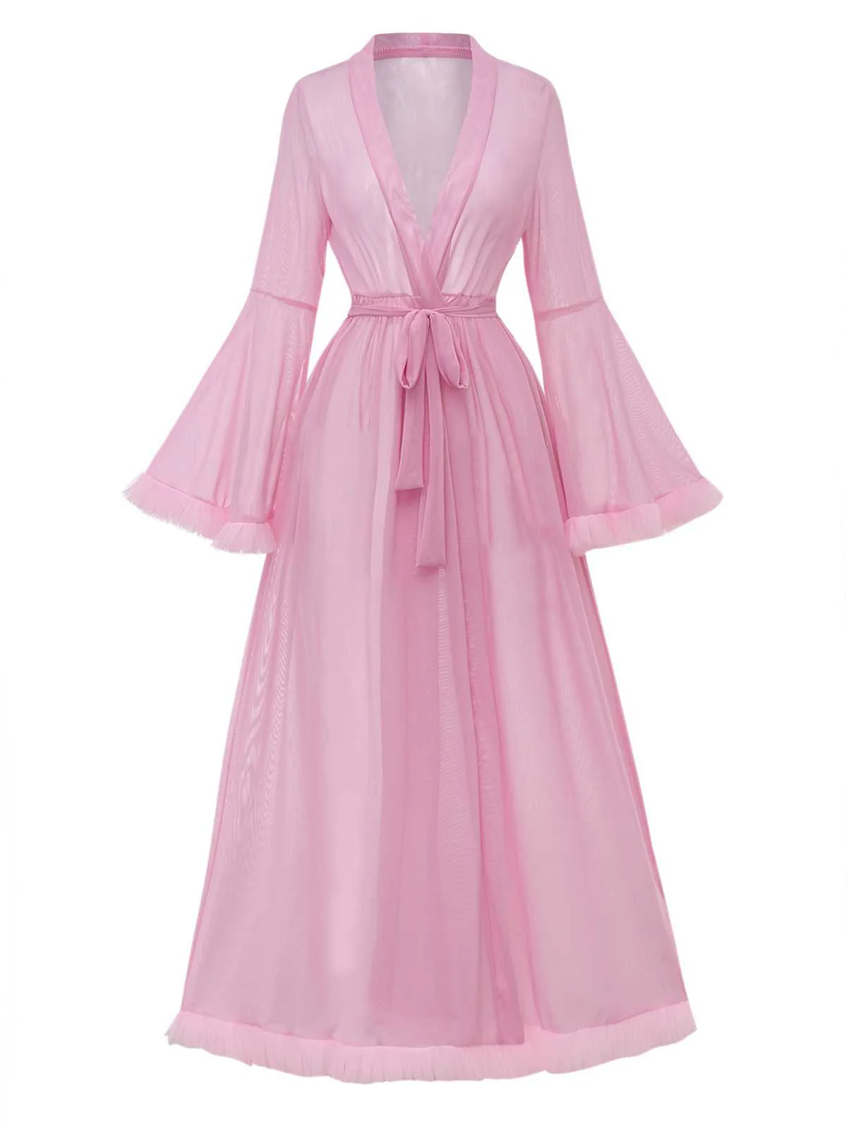 1950s Sheer Flared Sleeve Belted Long Robe - Image 2