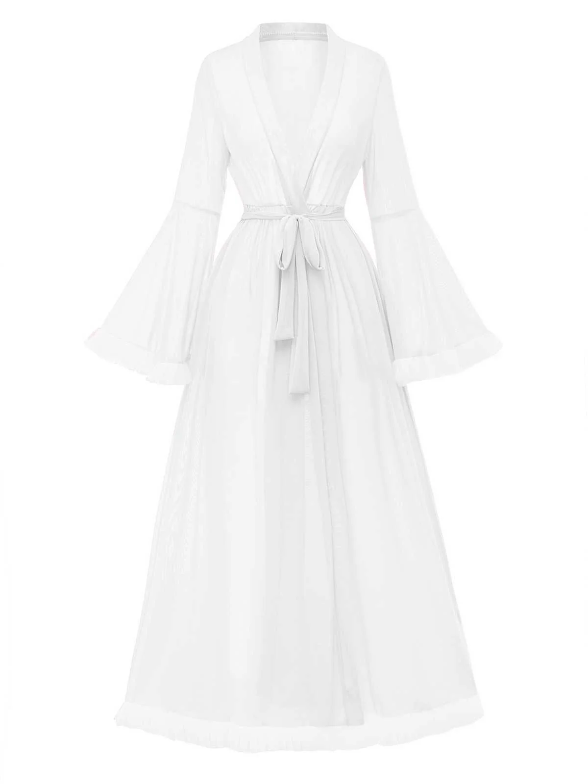 1950s Sheer Flared Sleeve Belted Long Robe - Image 8