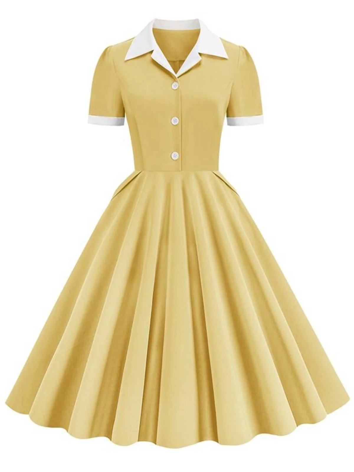 1950s Shirt Collar White Buttons Swing Dress - Image 3