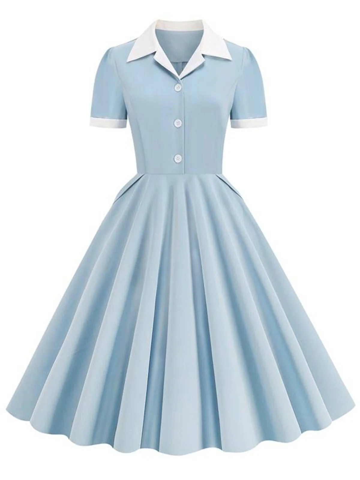 1950s Shirt Collar White Buttons Swing Dress - Image 5