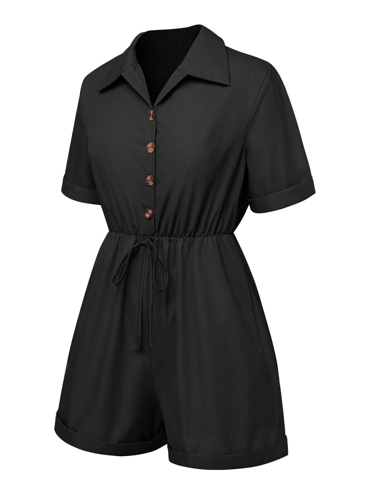 1950s Shirt Neck Lace-Up Solid Romper - Image 10