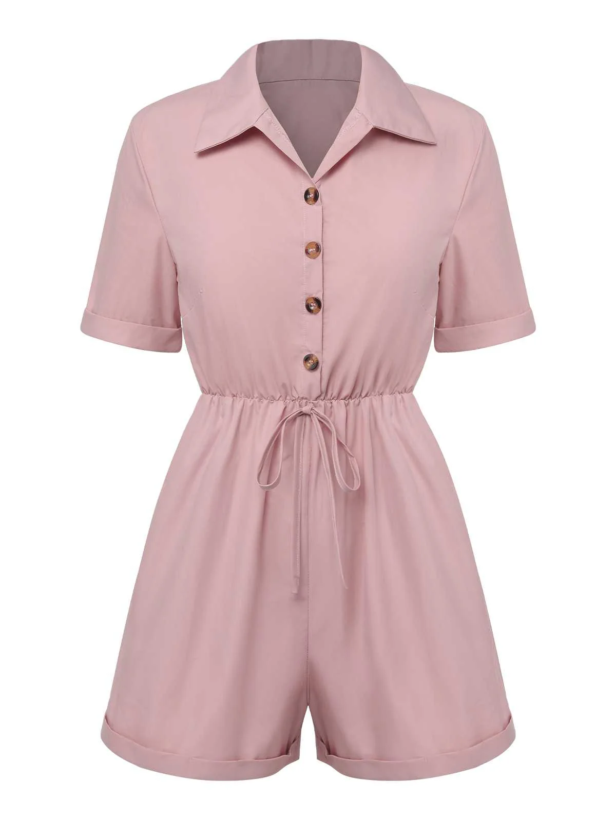 1950s Shirt Neck Lace-Up Solid Romper - Image 2