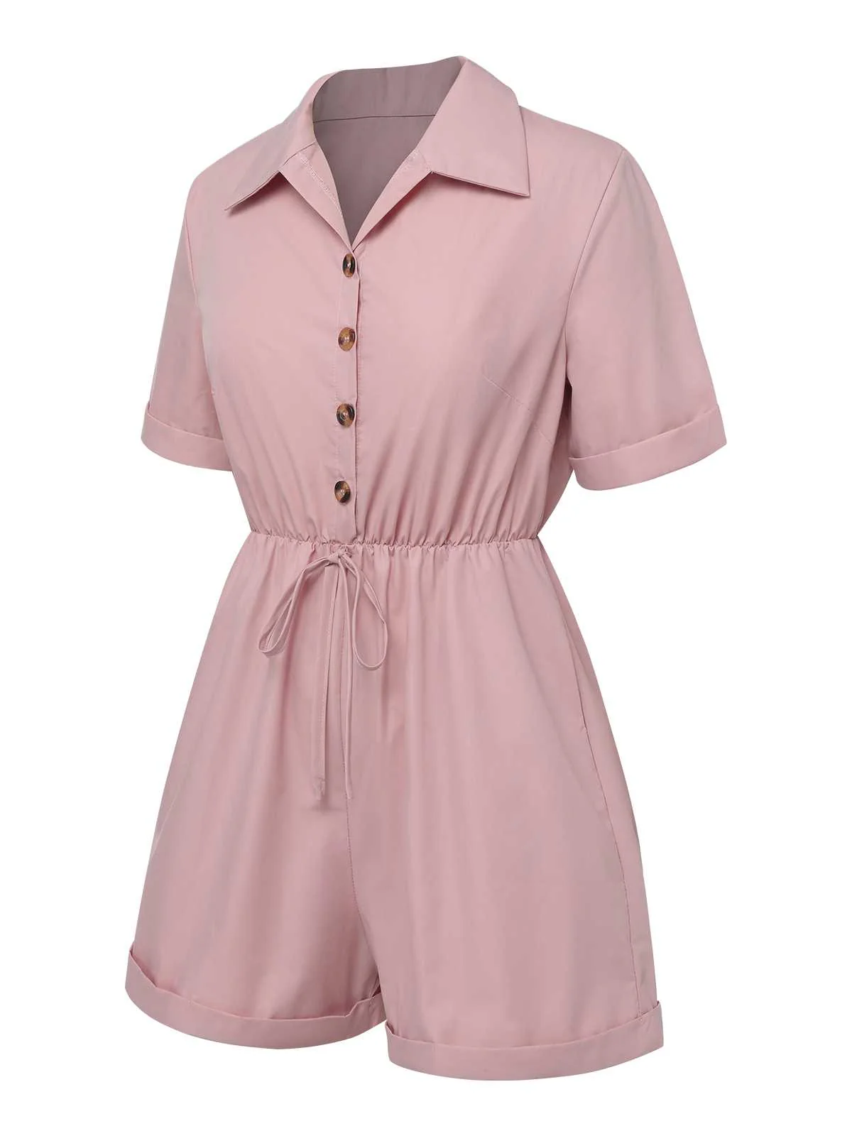 1950s Shirt Neck Lace-Up Solid Romper - Image 3