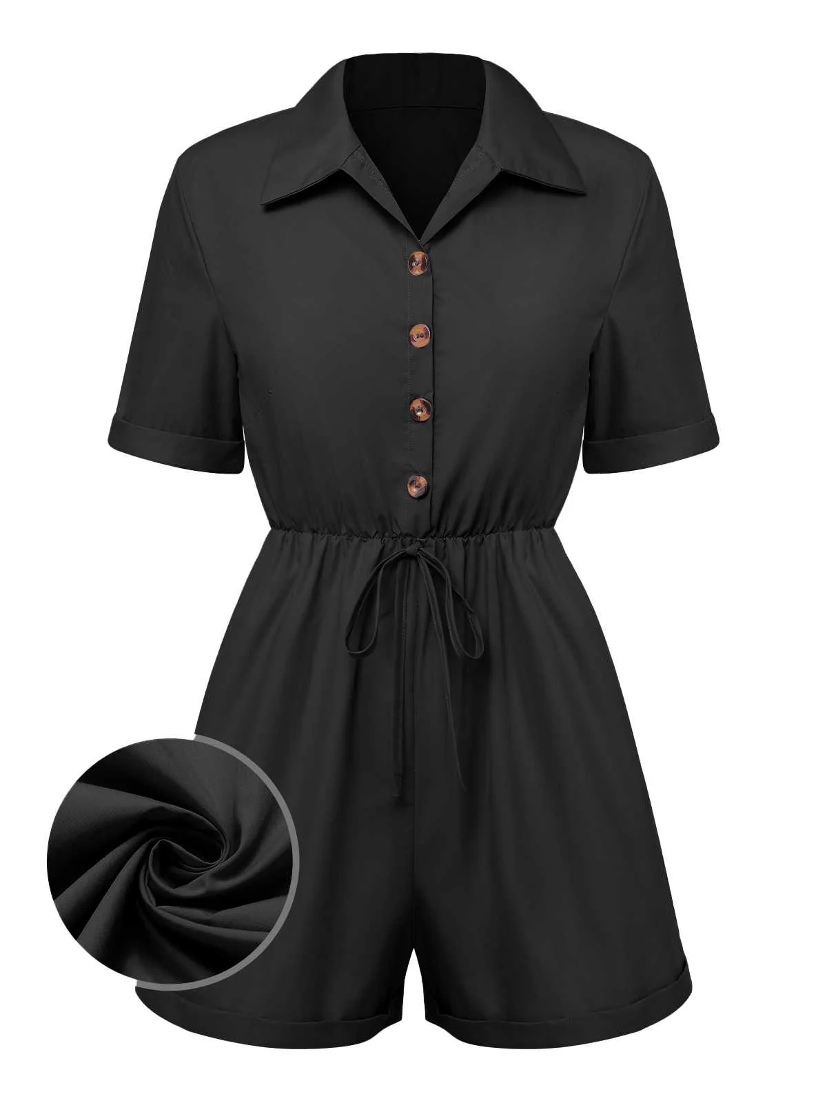 1950s Shirt Neck Lace-Up Solid Romper - Image 8