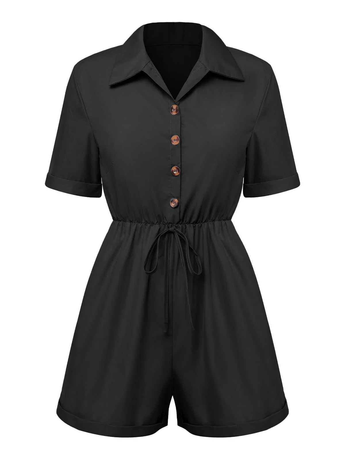 1950s Shirt Neck Lace-Up Solid Romper - Image 9