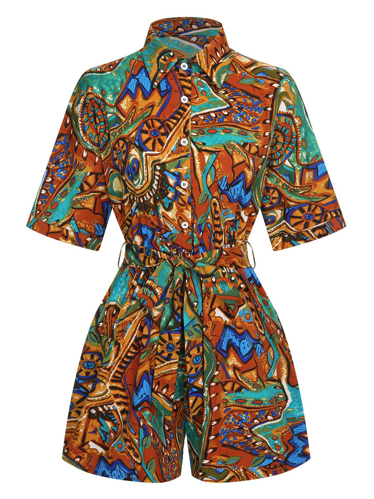 1950s Shirt Neck Print Belted Romper - Image 12