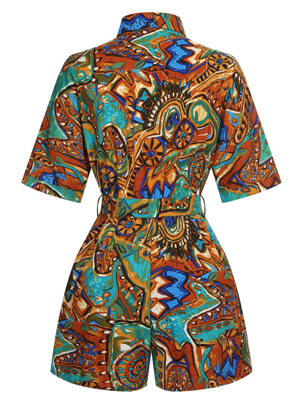 1950s Shirt Neck Print Belted Romper - Image 13