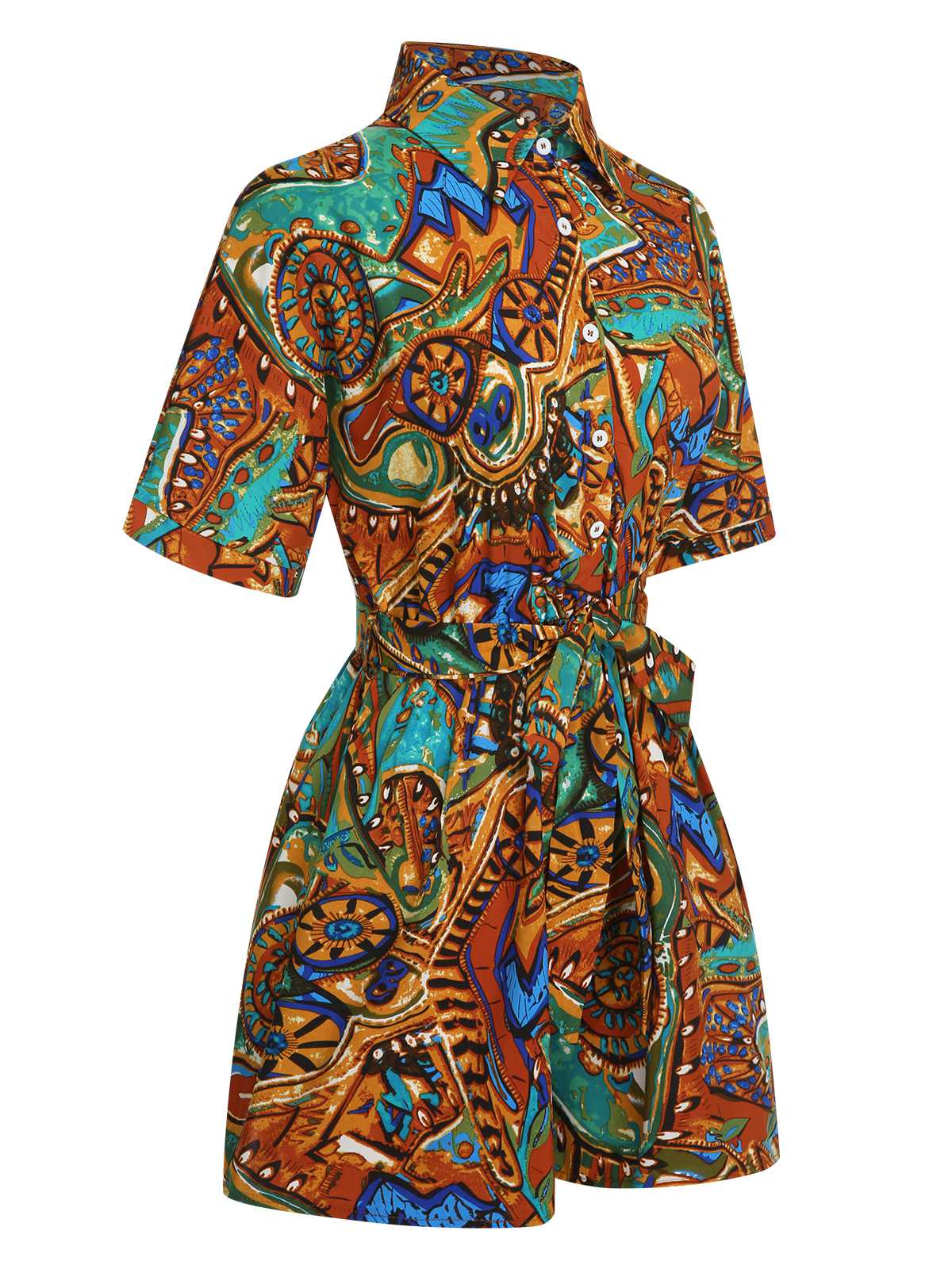1950s Shirt Neck Print Belted Romper - Image 14