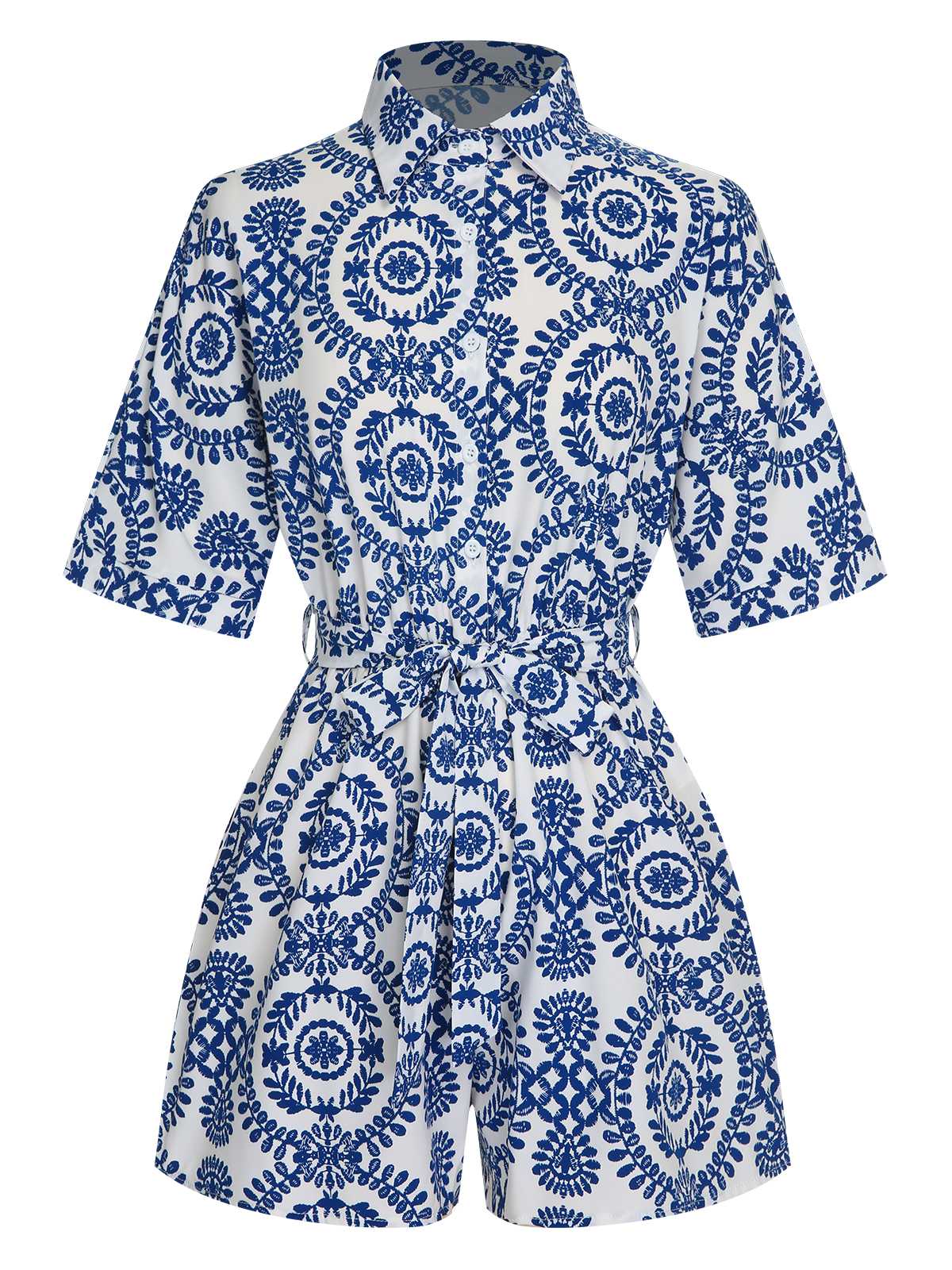 1950s Shirt Neck Print Belted Romper - Image 3